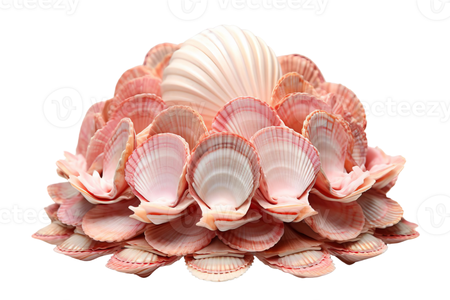 A pile of pink shells arranged in a flower shape. The shells are of different sizes and colors, creating a visually appealing and unique display. The arrangement evokes a sense of natural beauty png