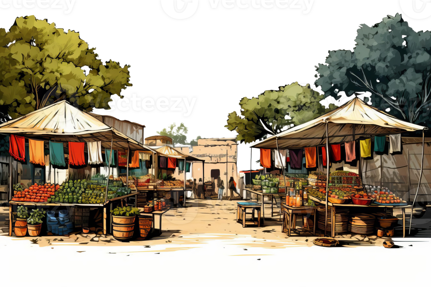 A drawing of a market with a variety of fruits and vegetables for sale. The market is bustling with activity and the atmosphere is lively and colorful png