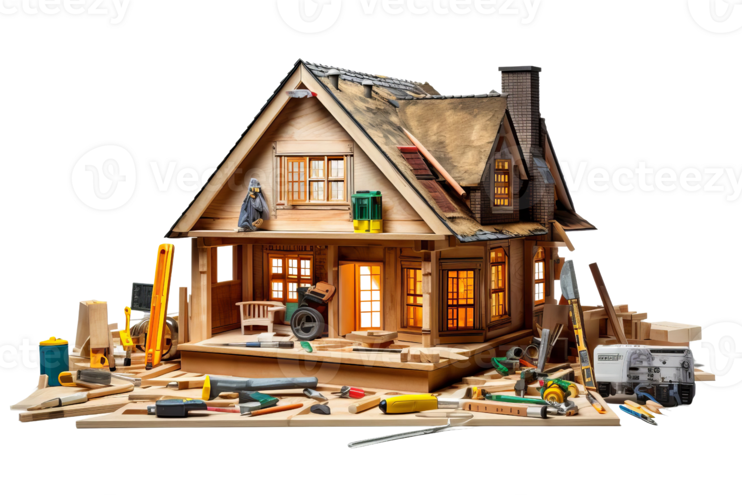 A house with a lot of tools and equipment scattered around it. Scene is that of a construction site or a workshop png