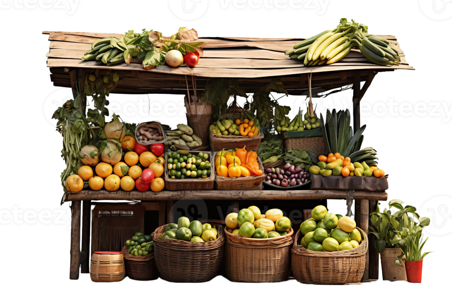 A fruit stand with a variety of fruits and vegetables. The stand is set up in a way that makes it easy for customers to see and access the produce. Scene is bright and inviting png