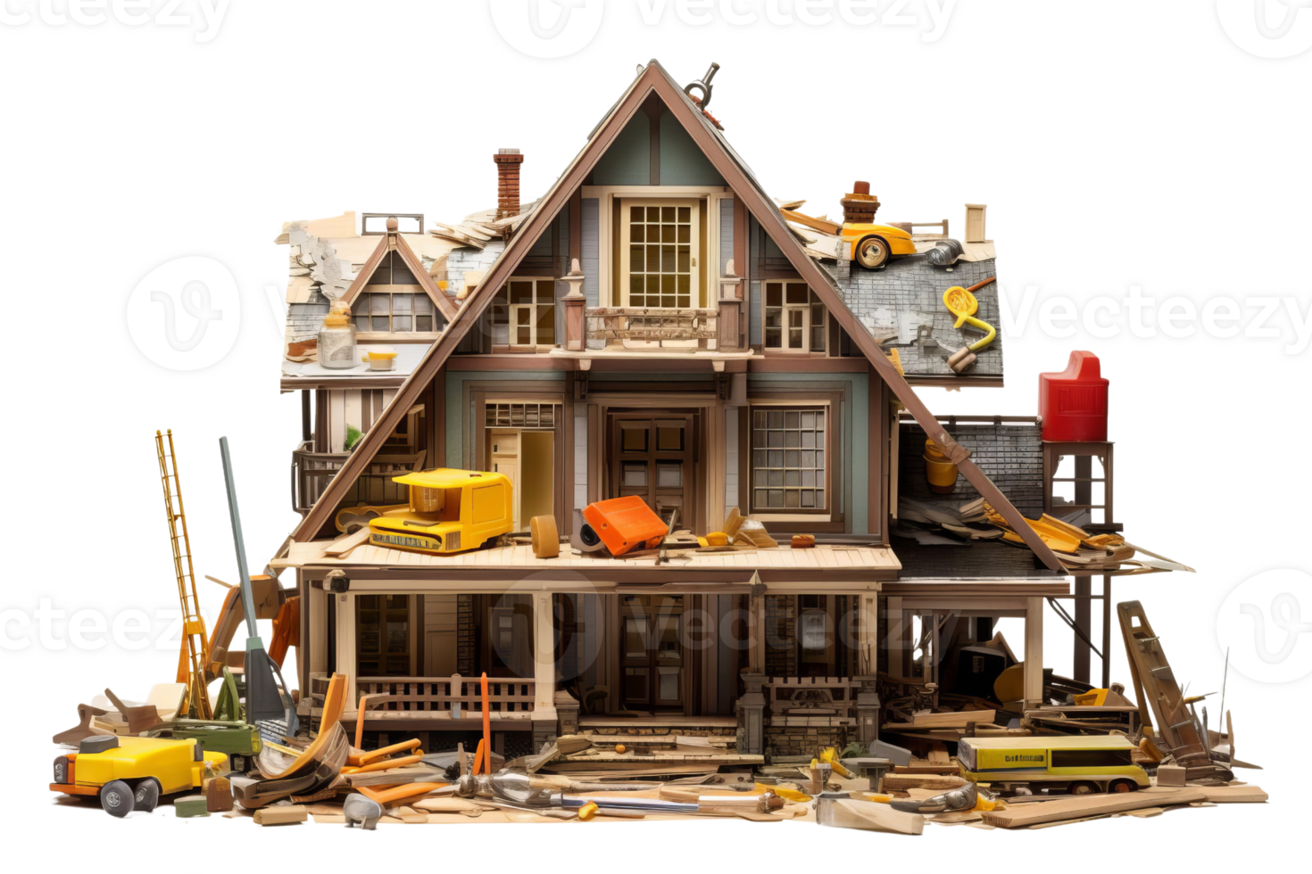 A house is in the process of being built, with many tools and materials scattered around. Scene is chaotic and busy, with a sense of progress and hard work png