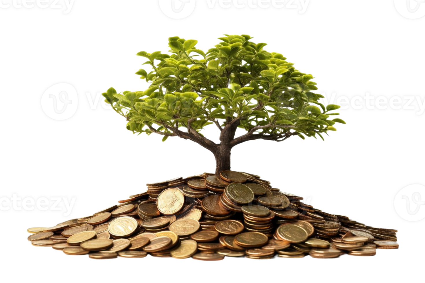 A tree is growing on top of a pile of coins. The coins are of different sizes and colors, and they are scattered all over the tree. Concept of abundance and prosperity png