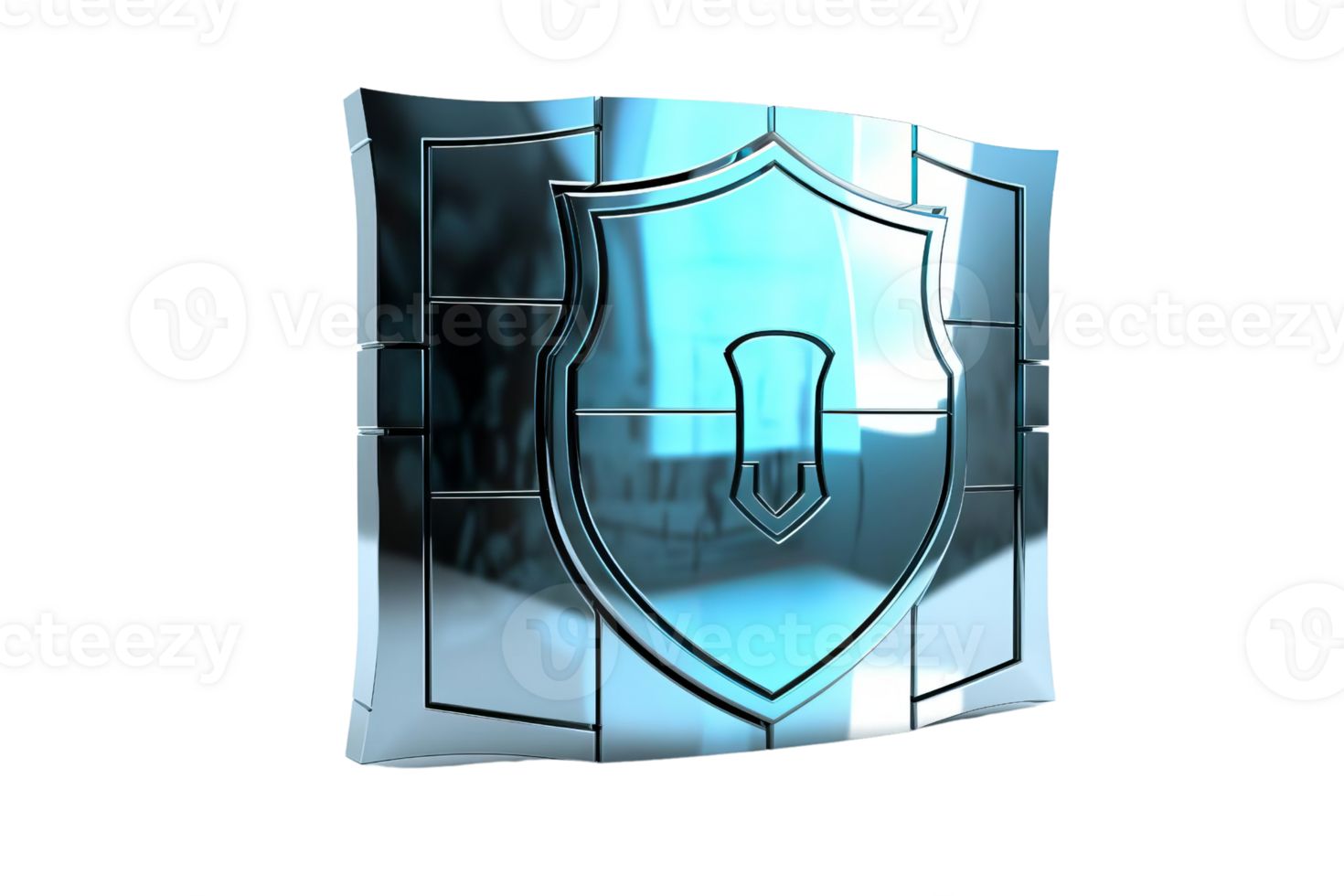 A silver shield with a blue emblem on it. The shield is reflective and has a shiny appearance png