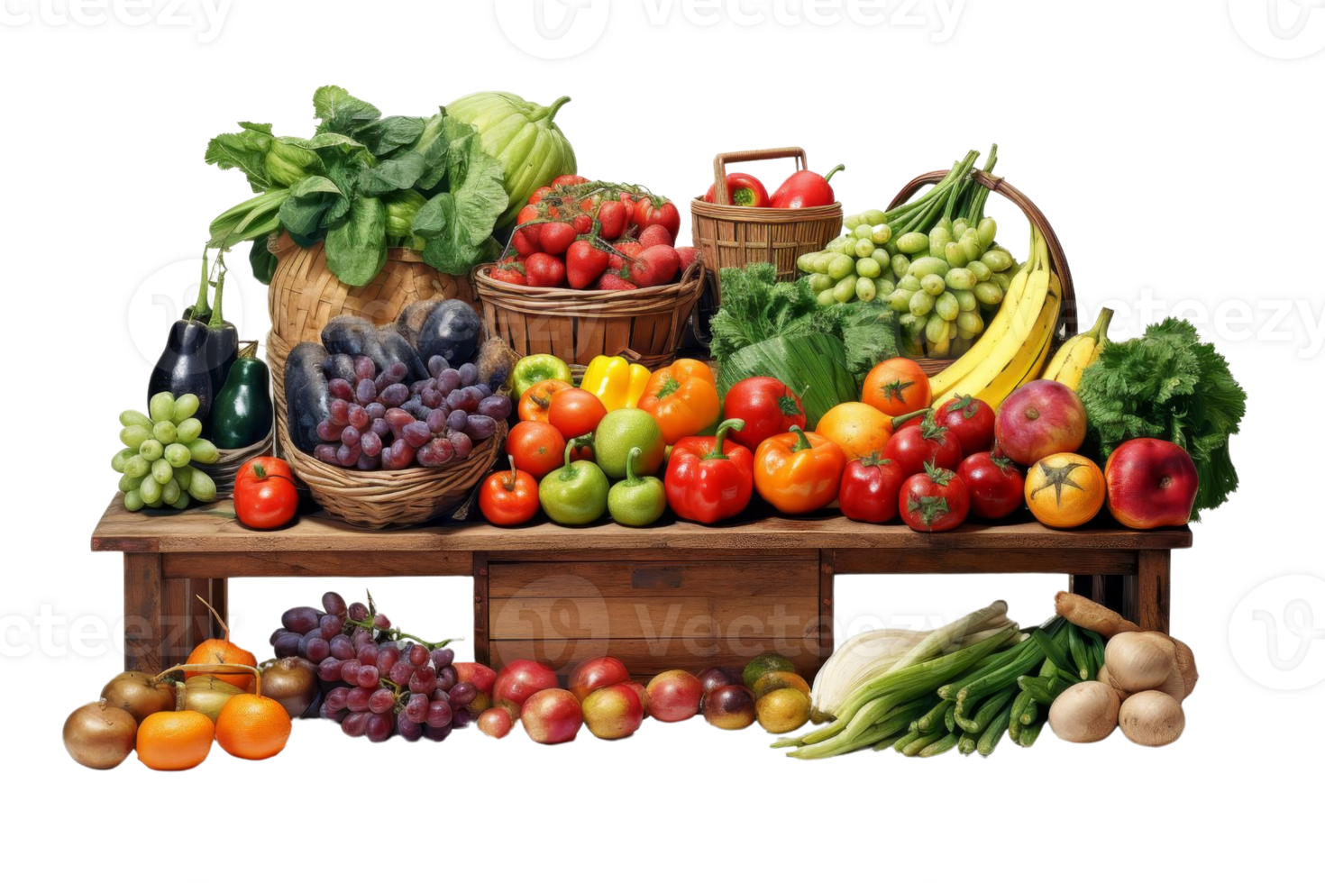 A table full of fruits and vegetables. The table is covered with a variety of fruits and vegetables, including apples, oranges, bananas, and grapes. The arrangement of the produce creates a colorful png