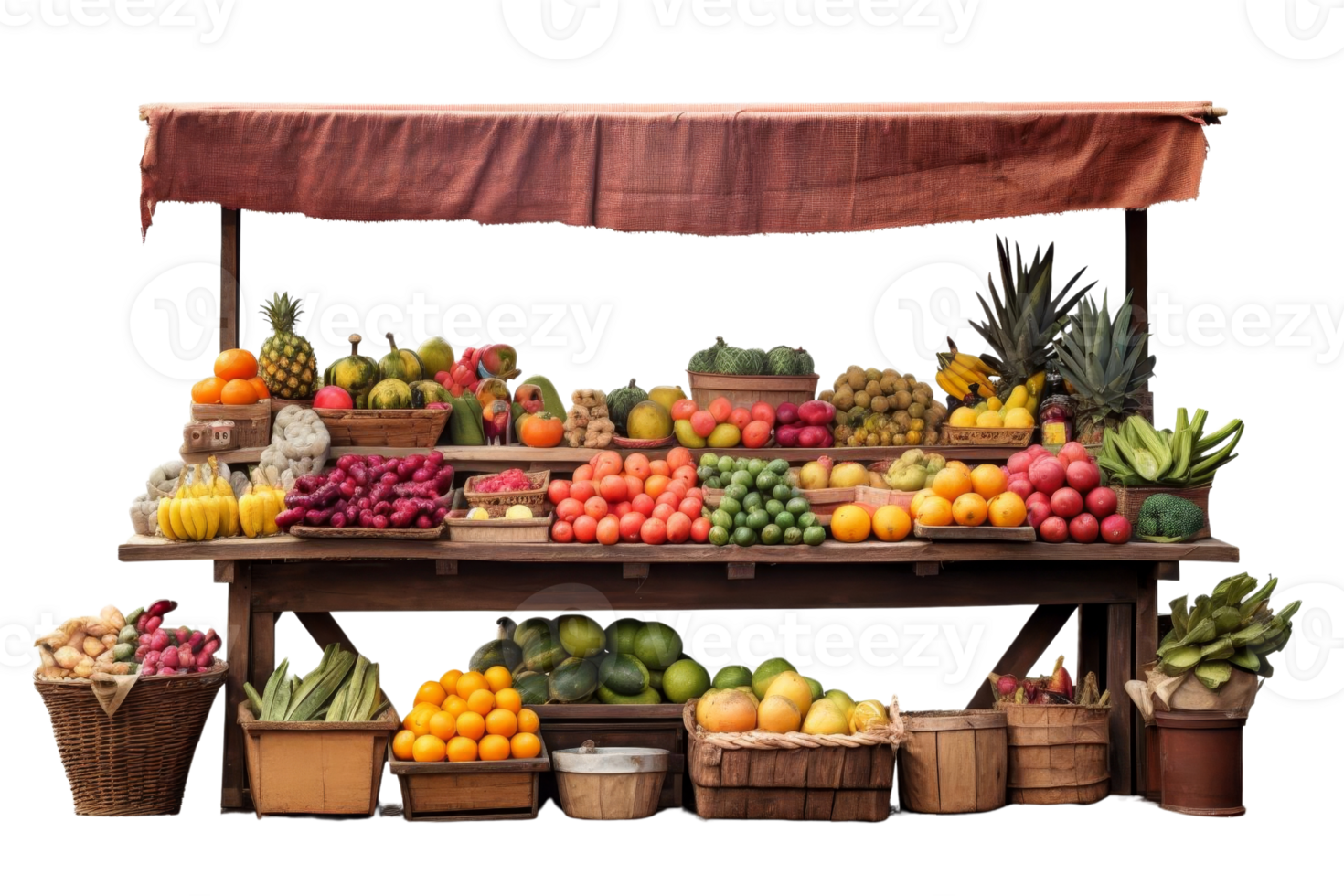 A fruit stand with a variety of fruits and vegetables on display. The stand is set up on a wooden table with a red cloth covering it. The fruits and vegetables are arranged in baskets and crates png