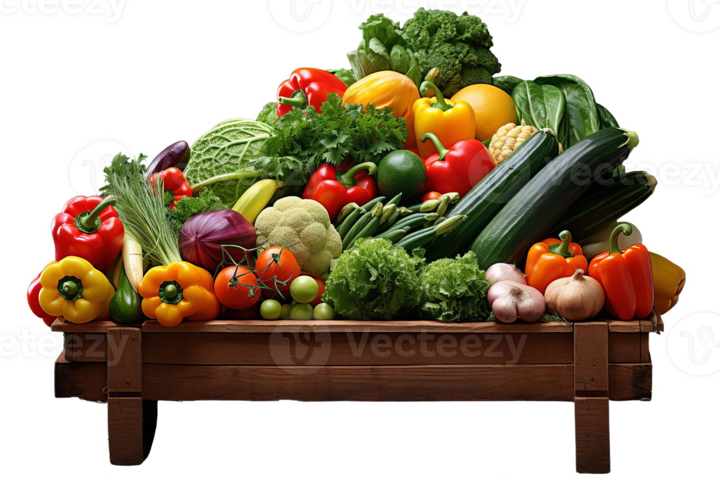 A wooden crate filled with a variety of fresh vegetables including broccoli, carrots, and tomatoes. The crate is overflowing with produce, creating a sense of abundance and freshness png