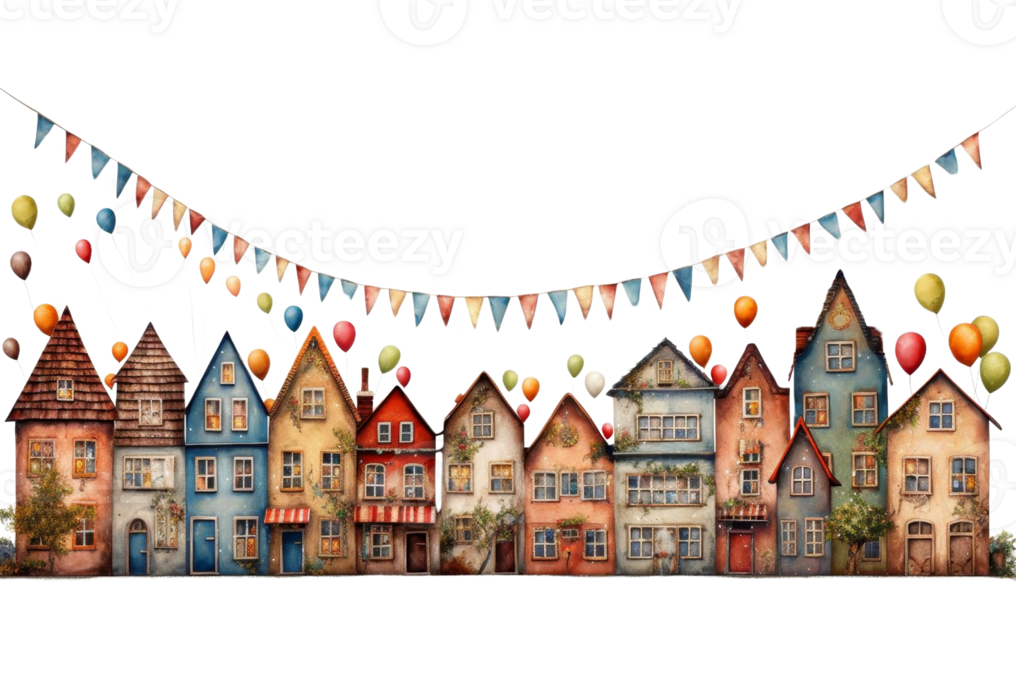 A row of colorful houses with a banner of balloons hanging over them. The houses are decorated with balloons and flags, creating a festive and lively atmosphere png
