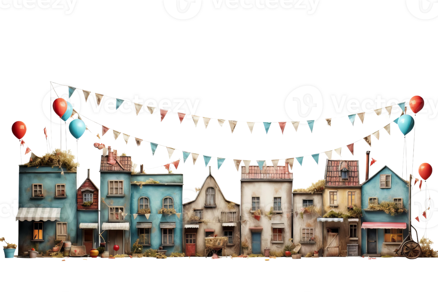 A row of houses with flags hanging from the roofs and balloons in the foreground. The scene is lively and colorful, giving off a festive and cheerful vibe png