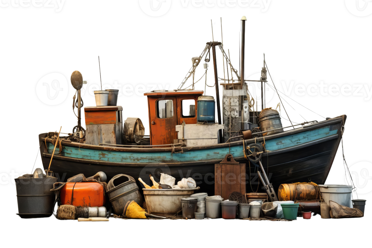 A boat is covered in trash and debris. The boat is old and has a lot of junk on it. The scene is messy and disorganized png