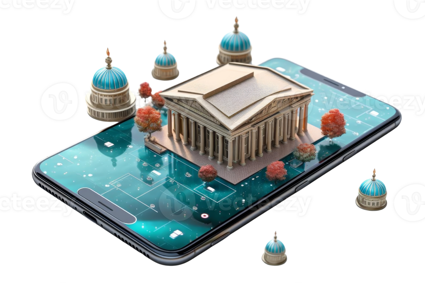 A phone screen shows a building with a dome on top. The building is surrounded by other buildings and trees png