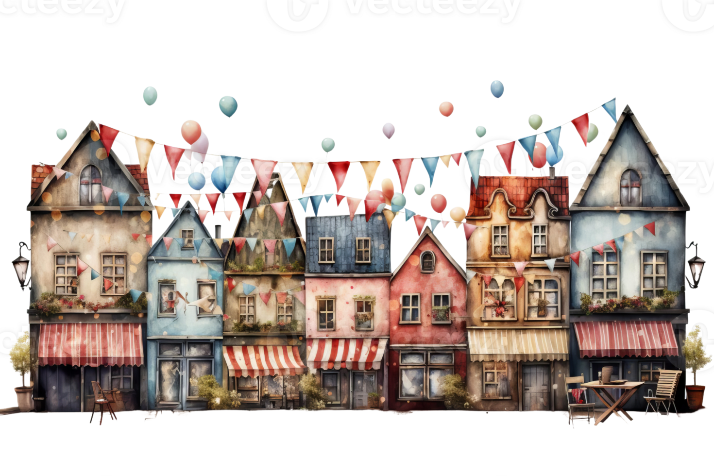A colorful street scene with houses and awnings, with a banner hanging from the top of the buildings png