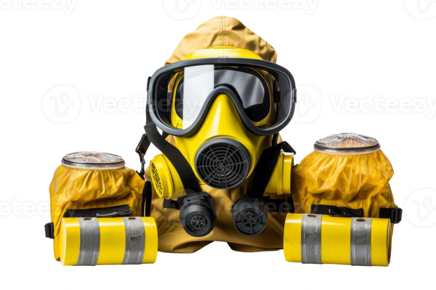 A yellow and black gas mask with a yellow and black protective suit png