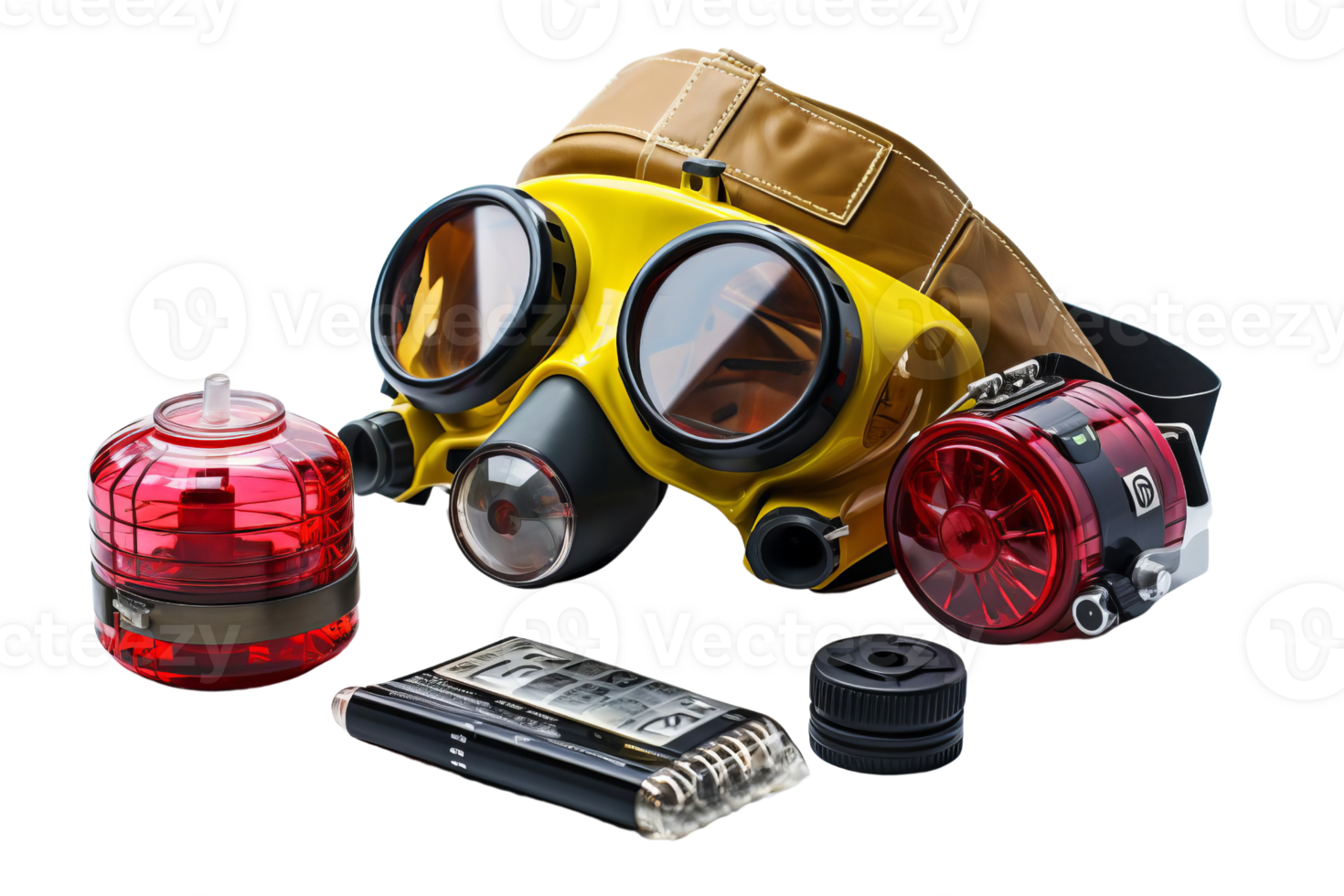 A yellow gas mask with a red and black container next to it png