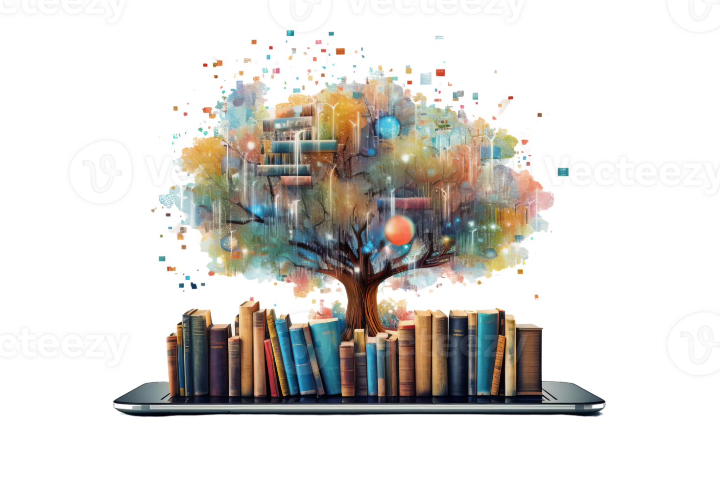 A tree with many books surrounding it. The tree is the main focus of the image. The books are scattered around the tree, with some on the ground and others on the branches png