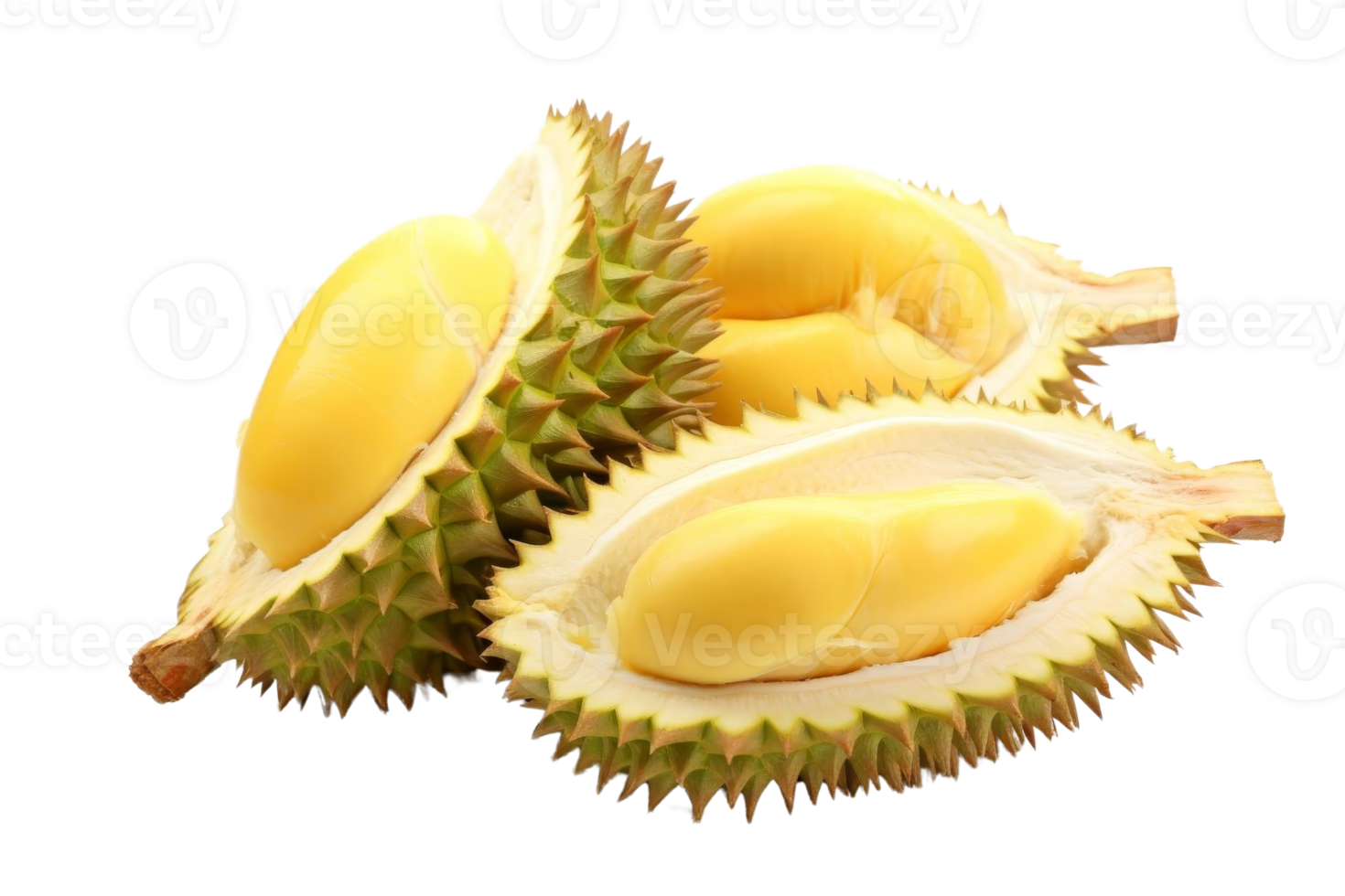 Three pieces of fruit with a yellow center and green spikes png