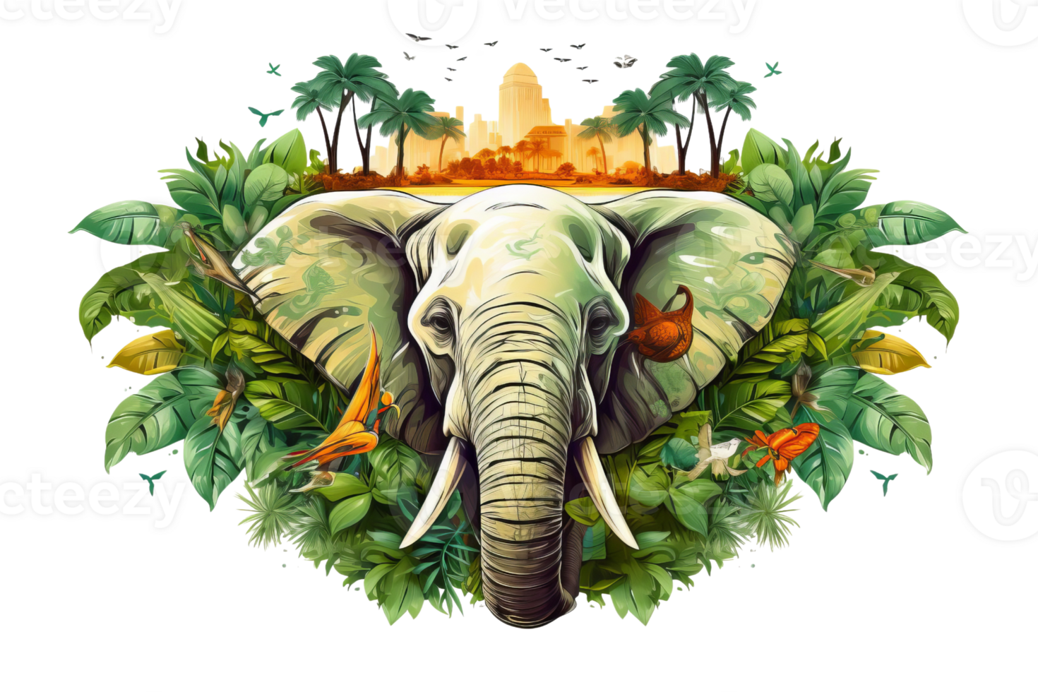 A drawing of an elephant with a bunch of leaves and trees around it. The elephant is the main focus of the image png