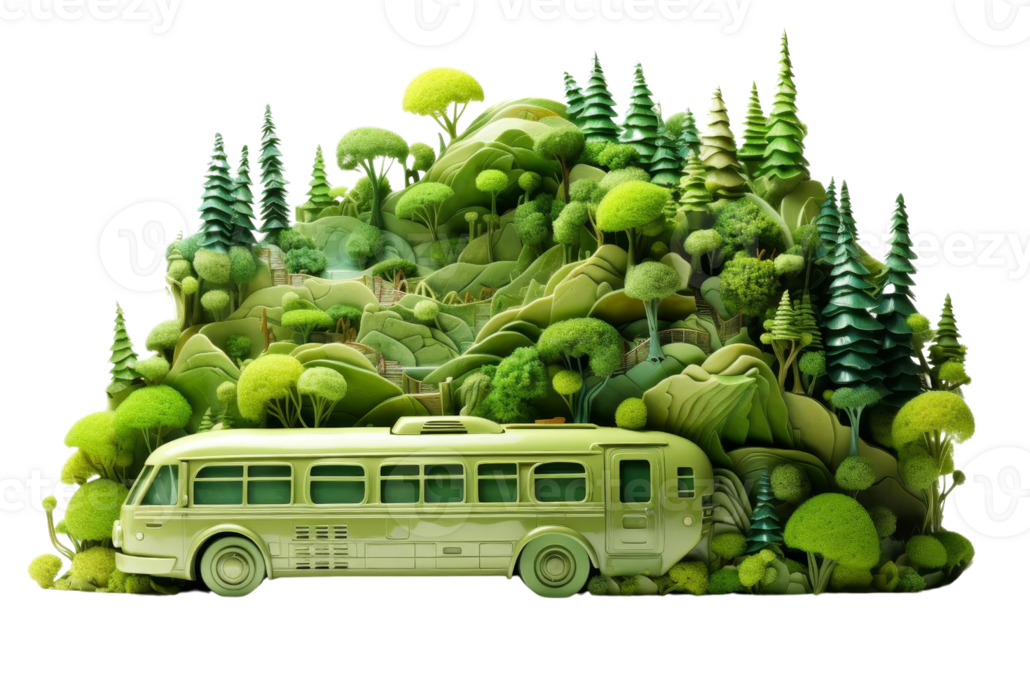 A green bus is surrounded by trees and plants. The bus is the main focus of the image, but the trees and plants create a lush, natural environment. Concept of peace and tranquility png