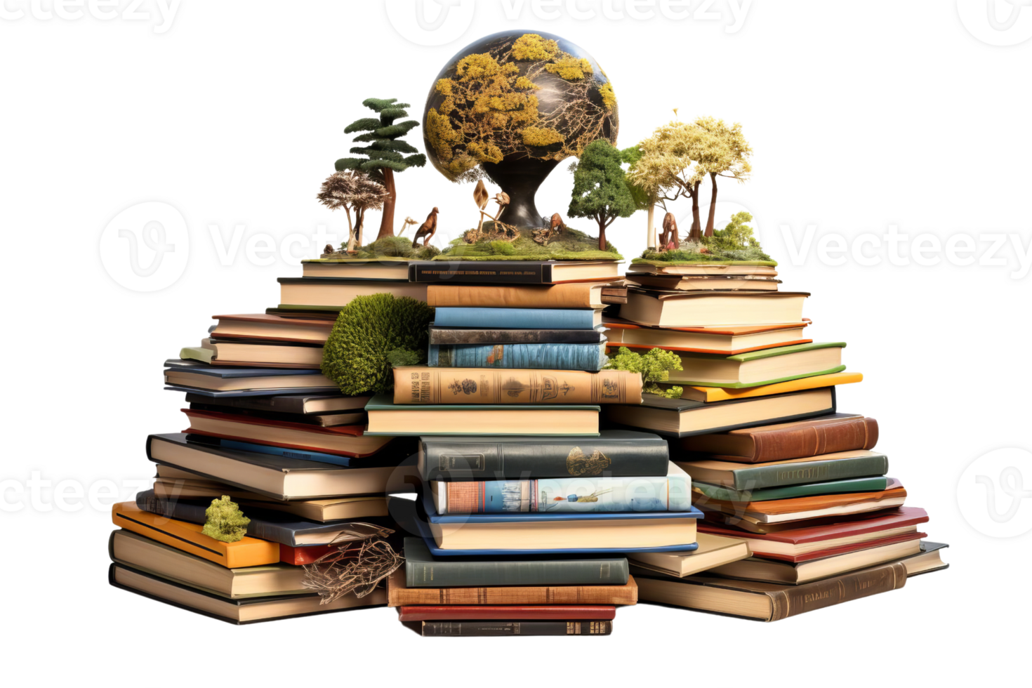 A stack of books with a globe on top. Concept of knowledge and learning, as well as the importance of preserving and sharing information png