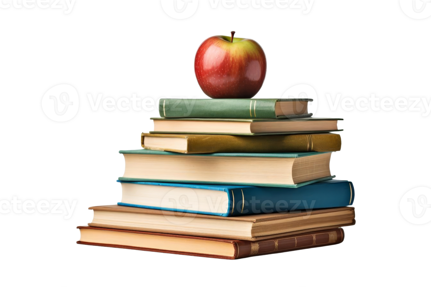 A stack of books with an apple on top. The apple is red and shiny. The books are of different sizes and colors. The stack of books is piled on top of each other, creating a tower png