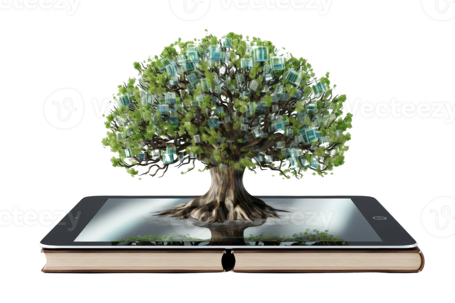 A tree is growing out of a book, with many small gifts surrounding it. The tree is surrounded by a lot of money, which suggests that the tree is a symbol of wealth and prosperity png