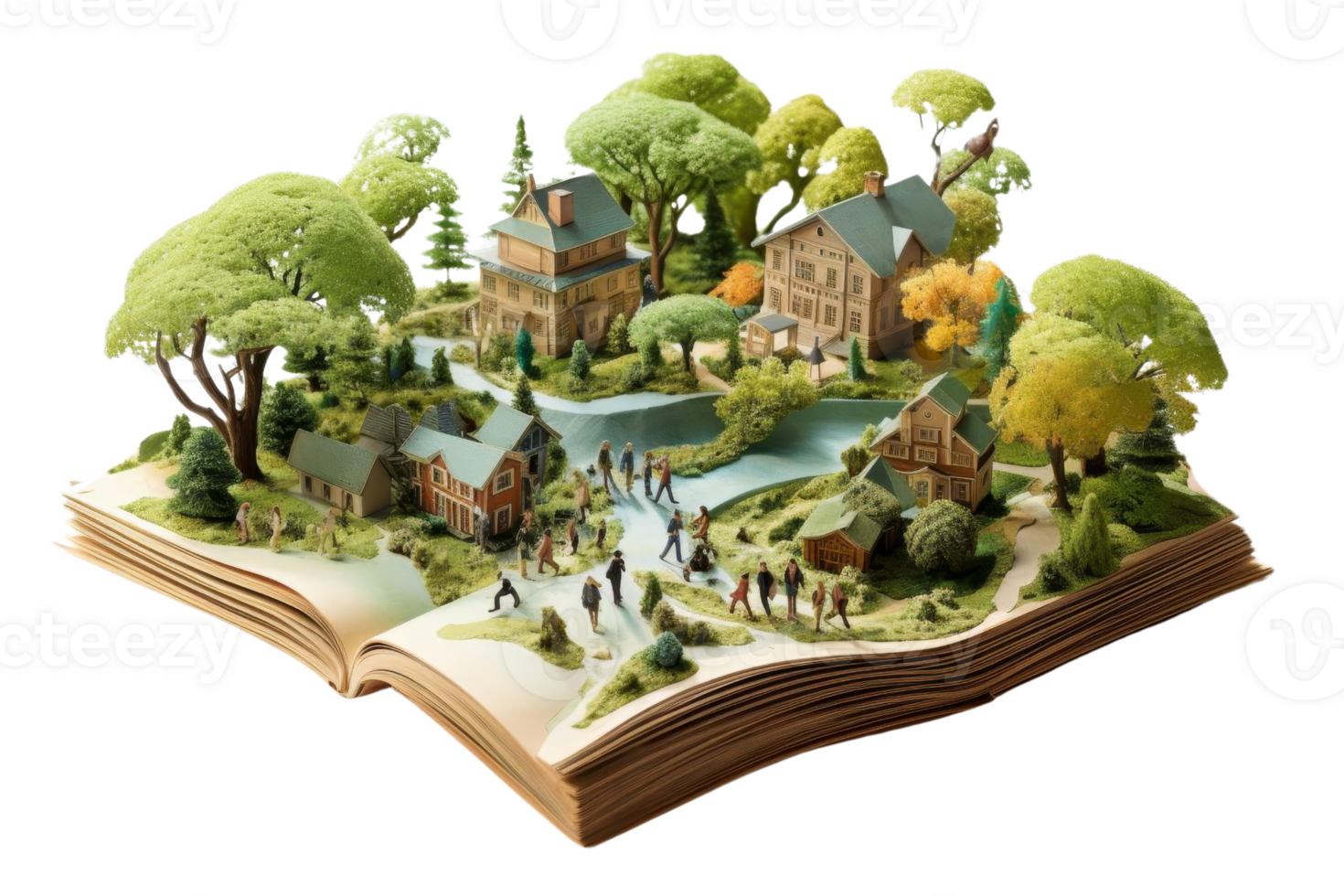 A book is opened to a page with a town scene png