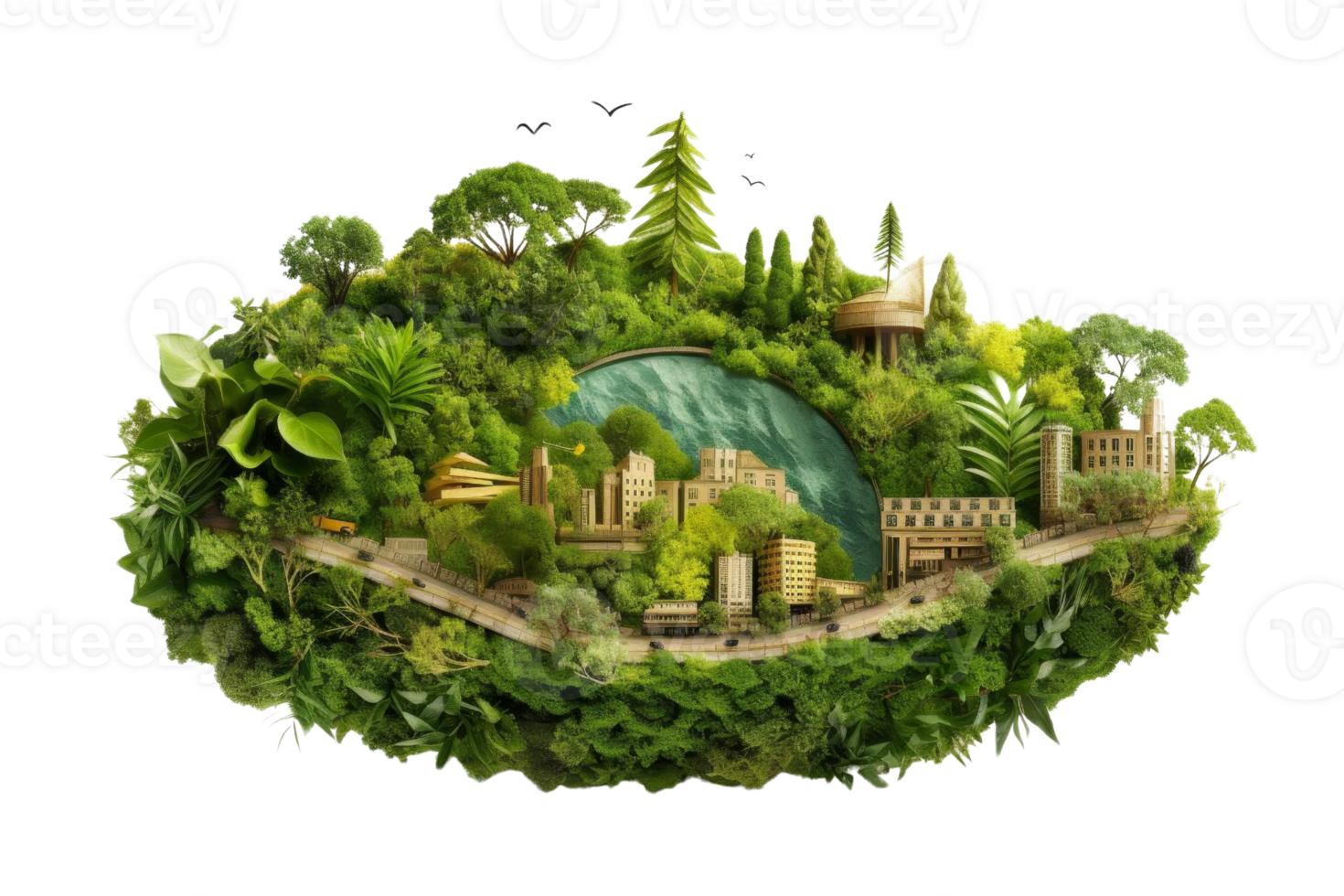 A cityscape is shown with a green forest in the background. The city is surrounded by a lake and has a river running through it. The buildings are made of trees and the people are walking around png