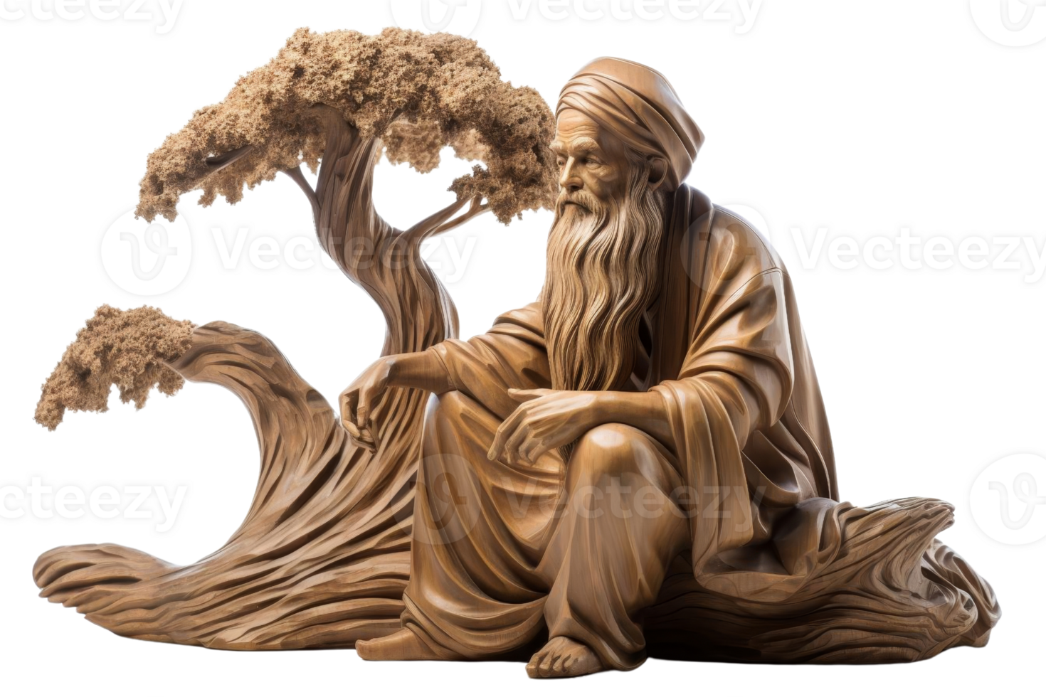 A statue of an old man sitting on a log with a tree behind him. The statue has a peaceful and serene mood, as if the man is meditating or contemplating life png
