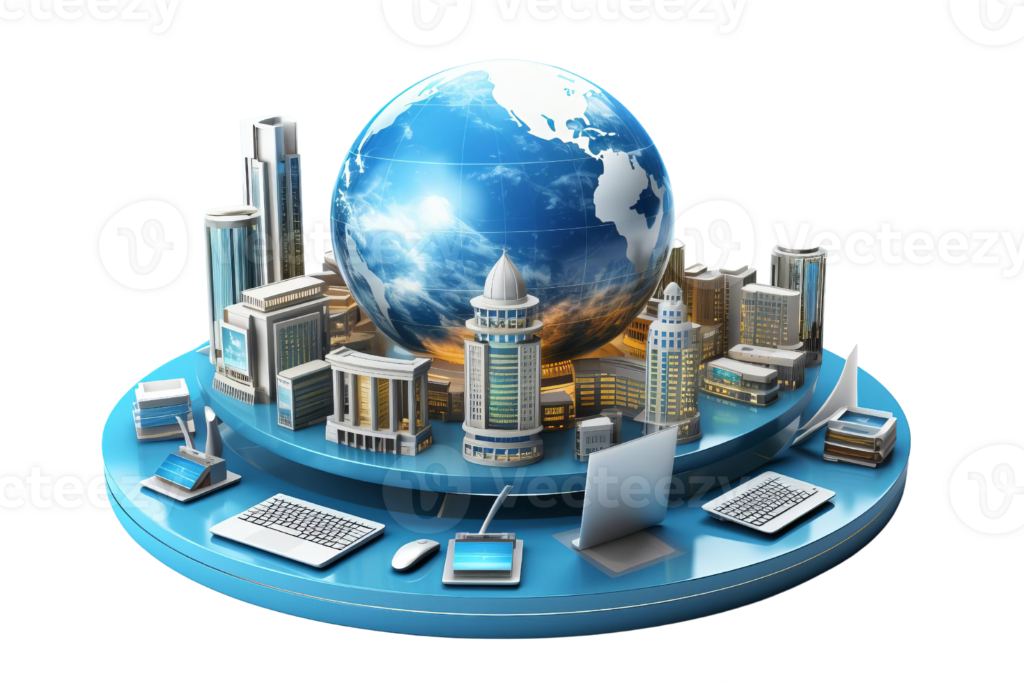 A blue globe with a city on it sits on a table with a laptop, a mouse, and a keyboard png