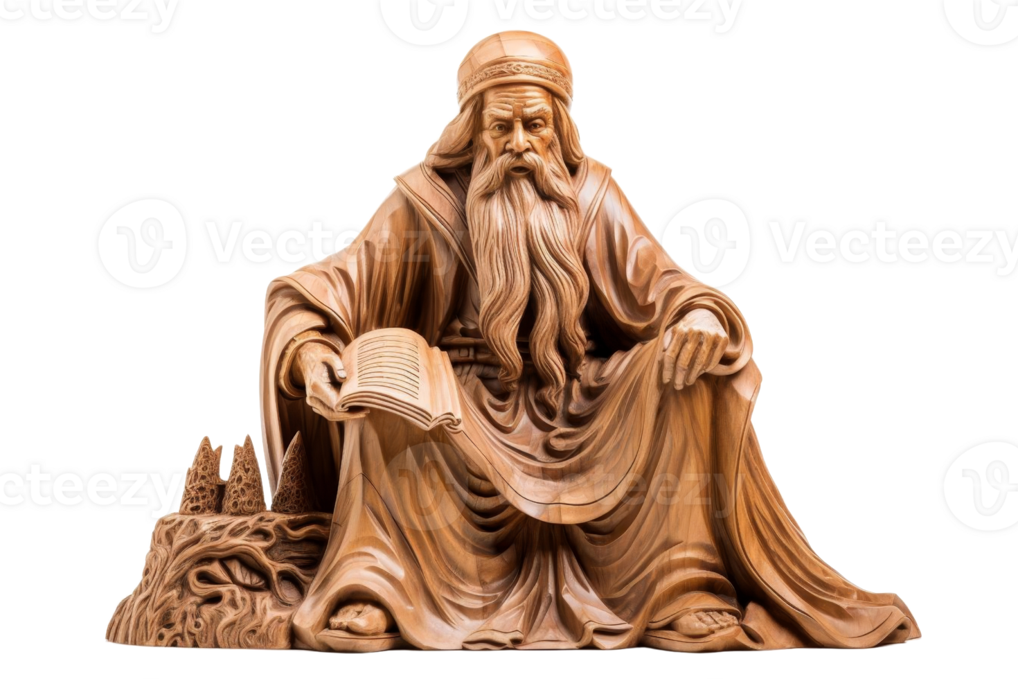 A wooden statue of an old man sitting on a rock with a book in his hand. The statue conveys a sense of wisdom and contemplation png