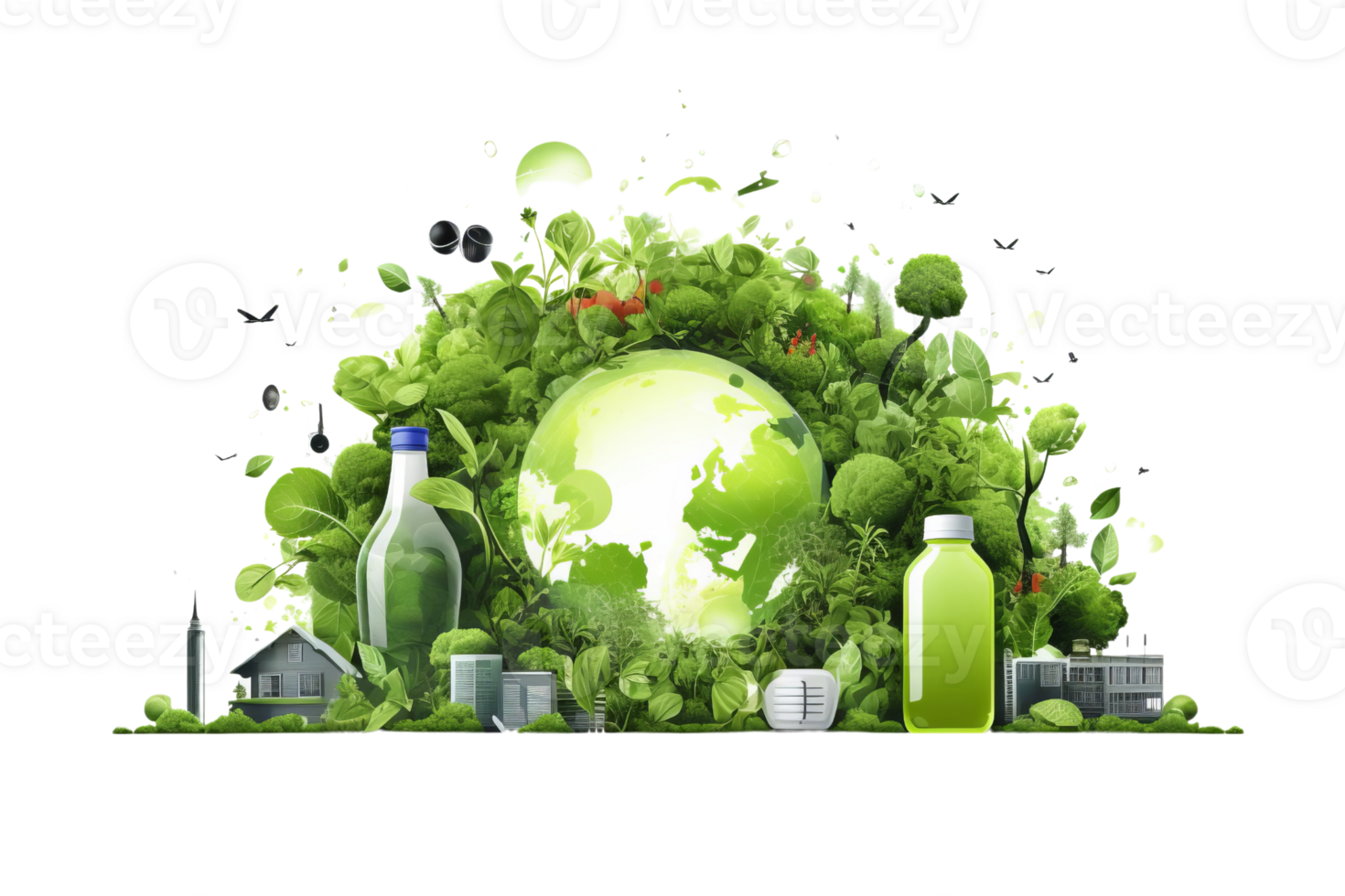 A green planet with a bottle and a cup on it. The cup is on the right side of the planet and the bottle is on the left side png