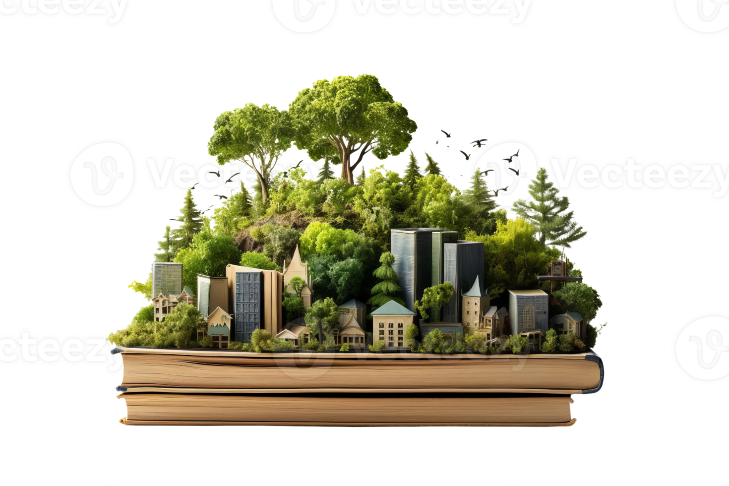 A book is on top of a table with a city and trees on it. The city is made of buildings and the trees are green png