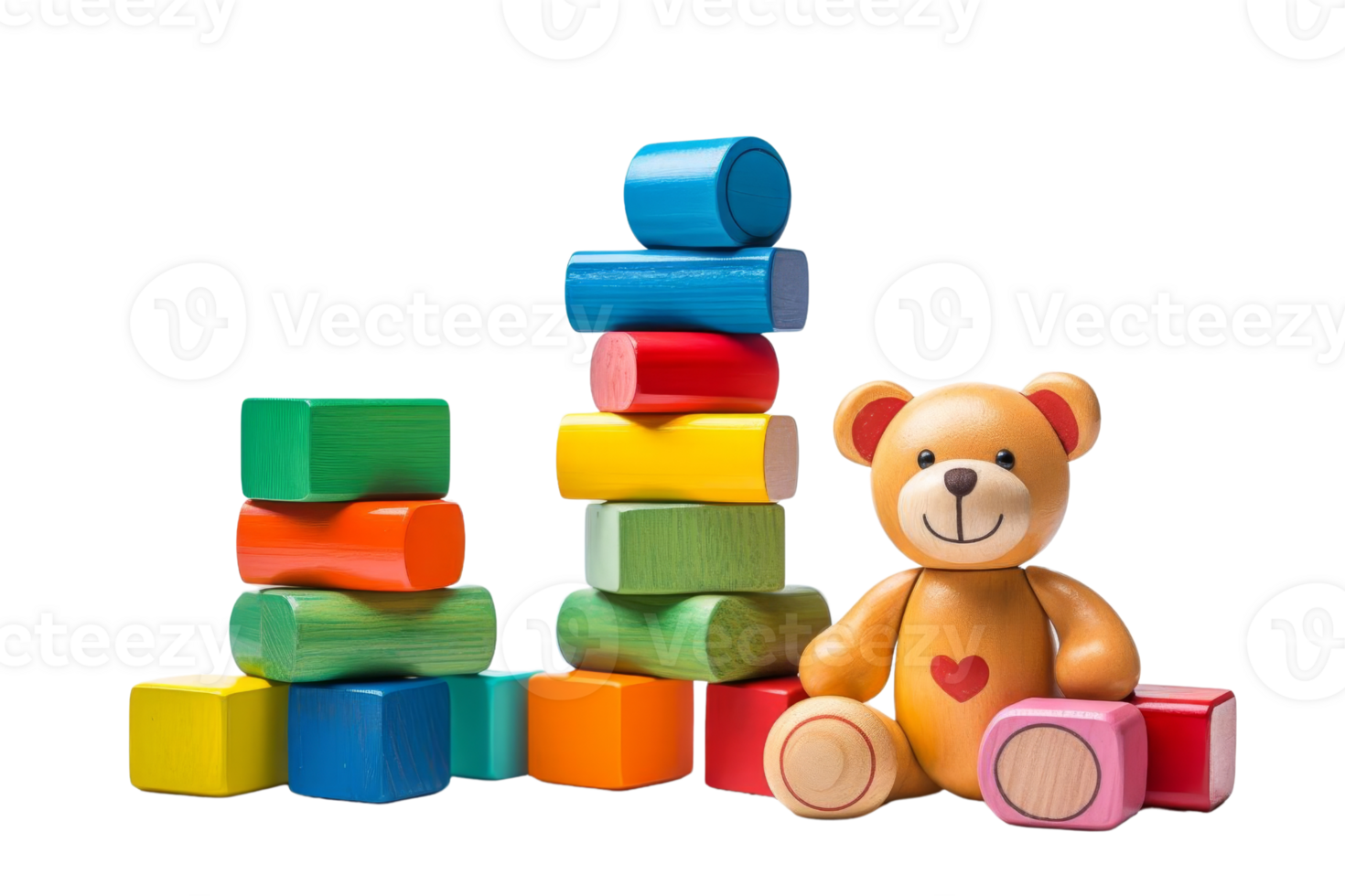 A teddy bear is sitting on a pile of wooden blocks. The blocks are stacked in a tower, with the bear sitting on top of it. Concept of playfulness and childhood innocence png