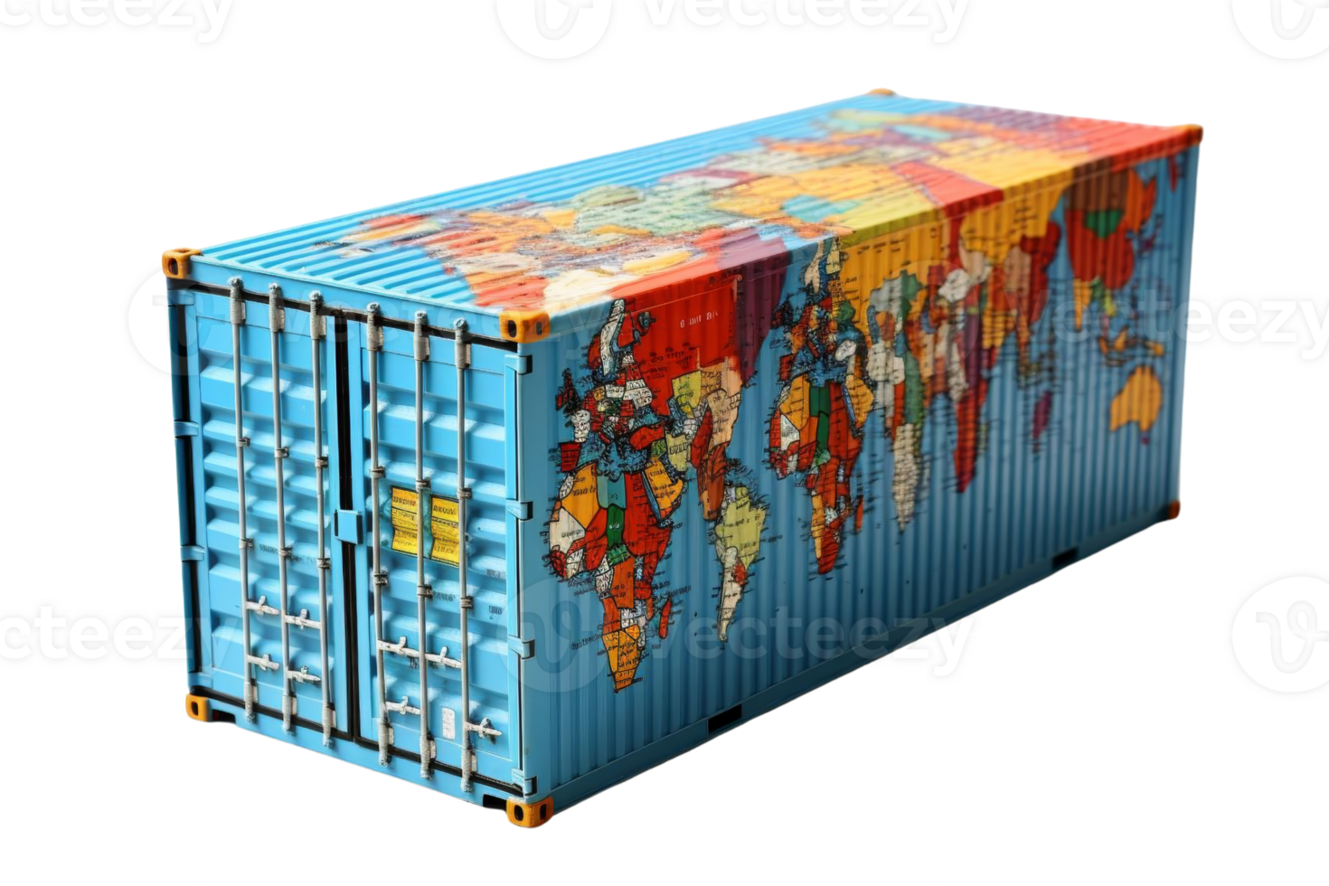A blue container with a map of the world on it. The map is colorful and detailed png