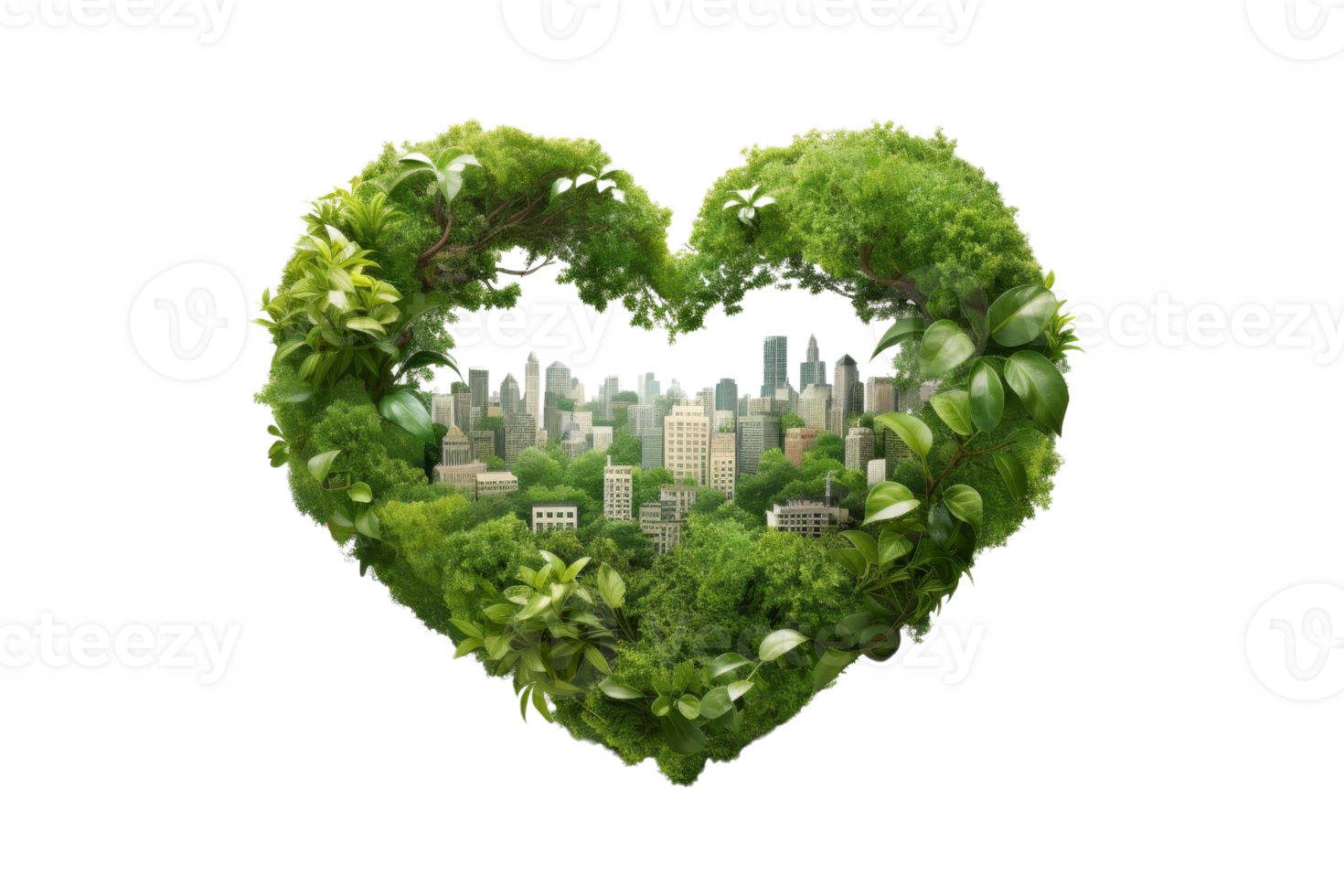 A heart made of trees and plants with a city in the background. The heart is surrounded by green leaves and branches, and the city is made up of tall buildings png