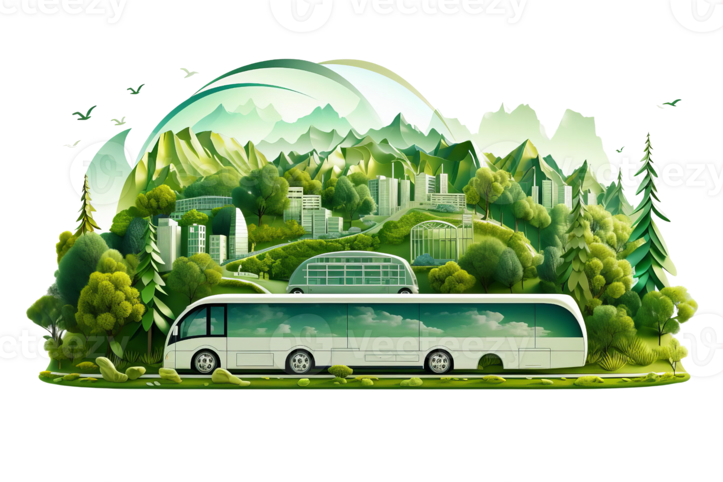A bus is driving through a lush green forest with mountains in the background. The bus is surrounded by trees and the scenery is very peaceful and serene png