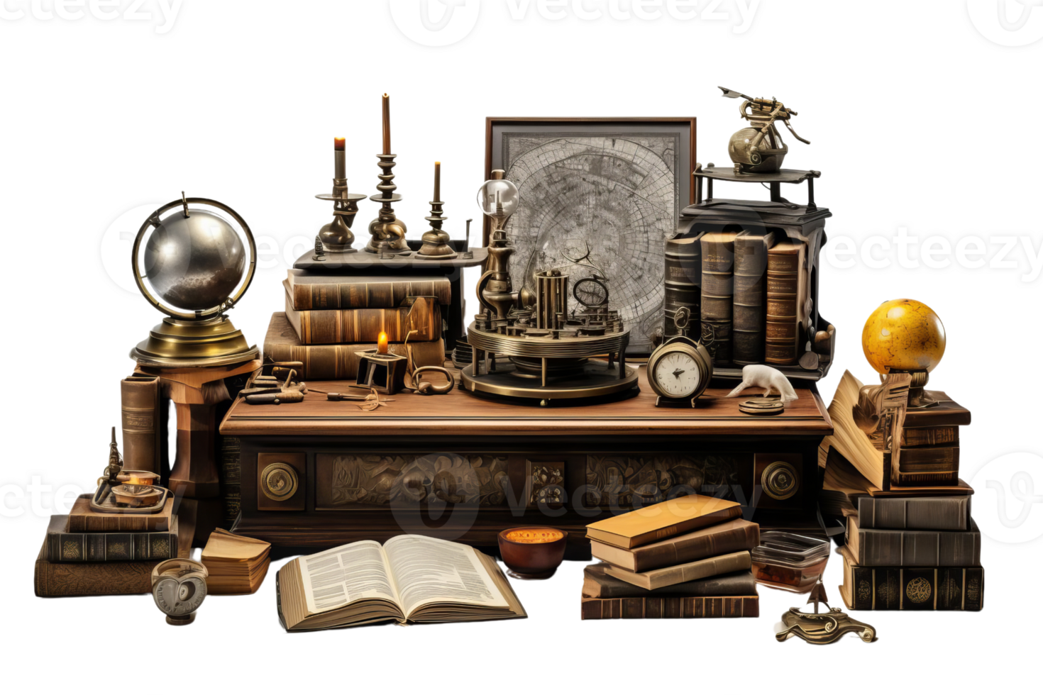 A table is covered with various items, including a book, a globe, and a clock. The table is cluttered with books, and there are several candles scattered around. The scene gives off a cozy png