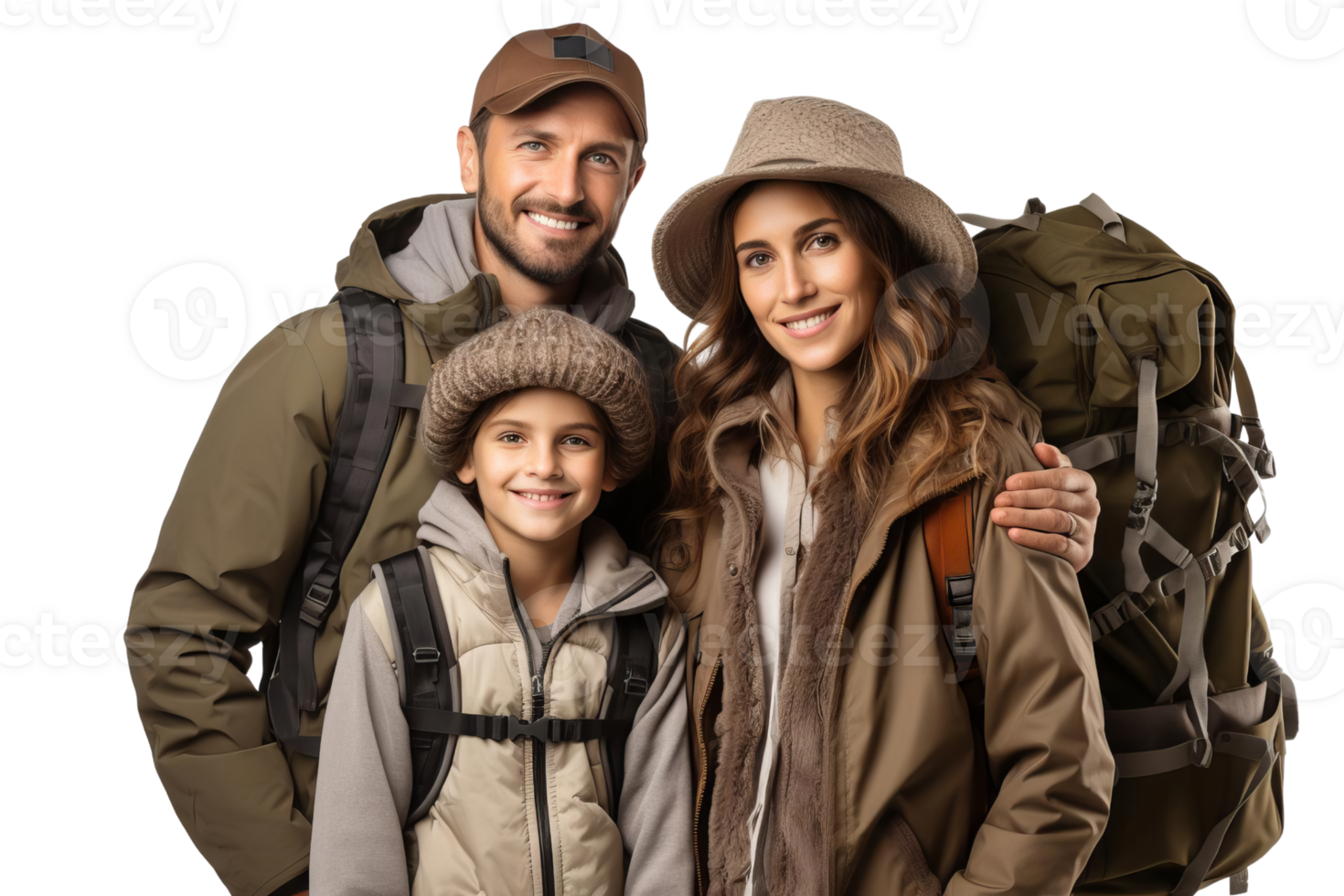 A family of three, a man, a woman and a child, are posing for a photo with their backpacks. The man is wearing a hat and the woman is wearing a scarf png