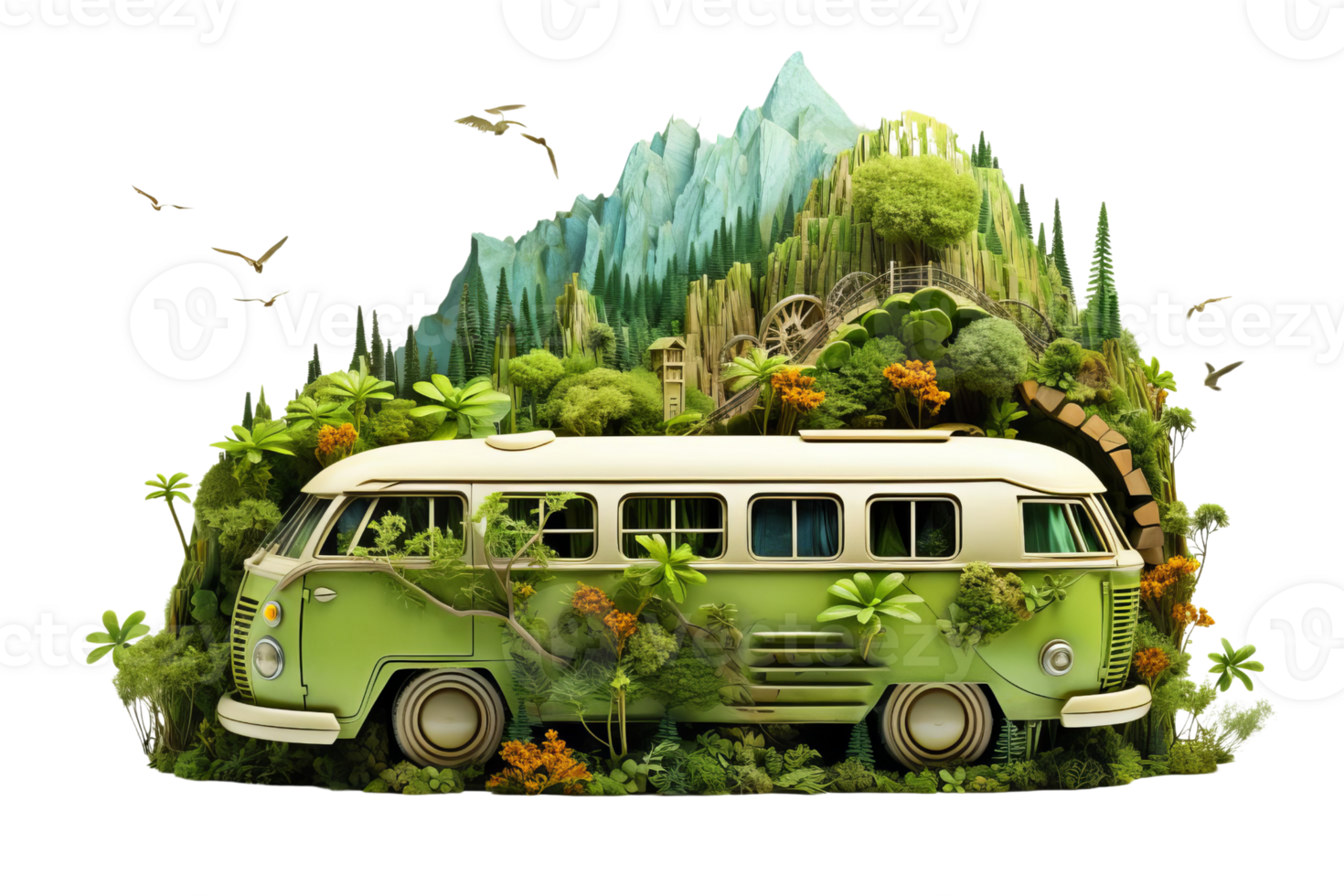 A green bus is covered in plants and trees, and is surrounded by mountains. The bus is the main focus of the image, and the plants and trees give it a natural, wild feel png