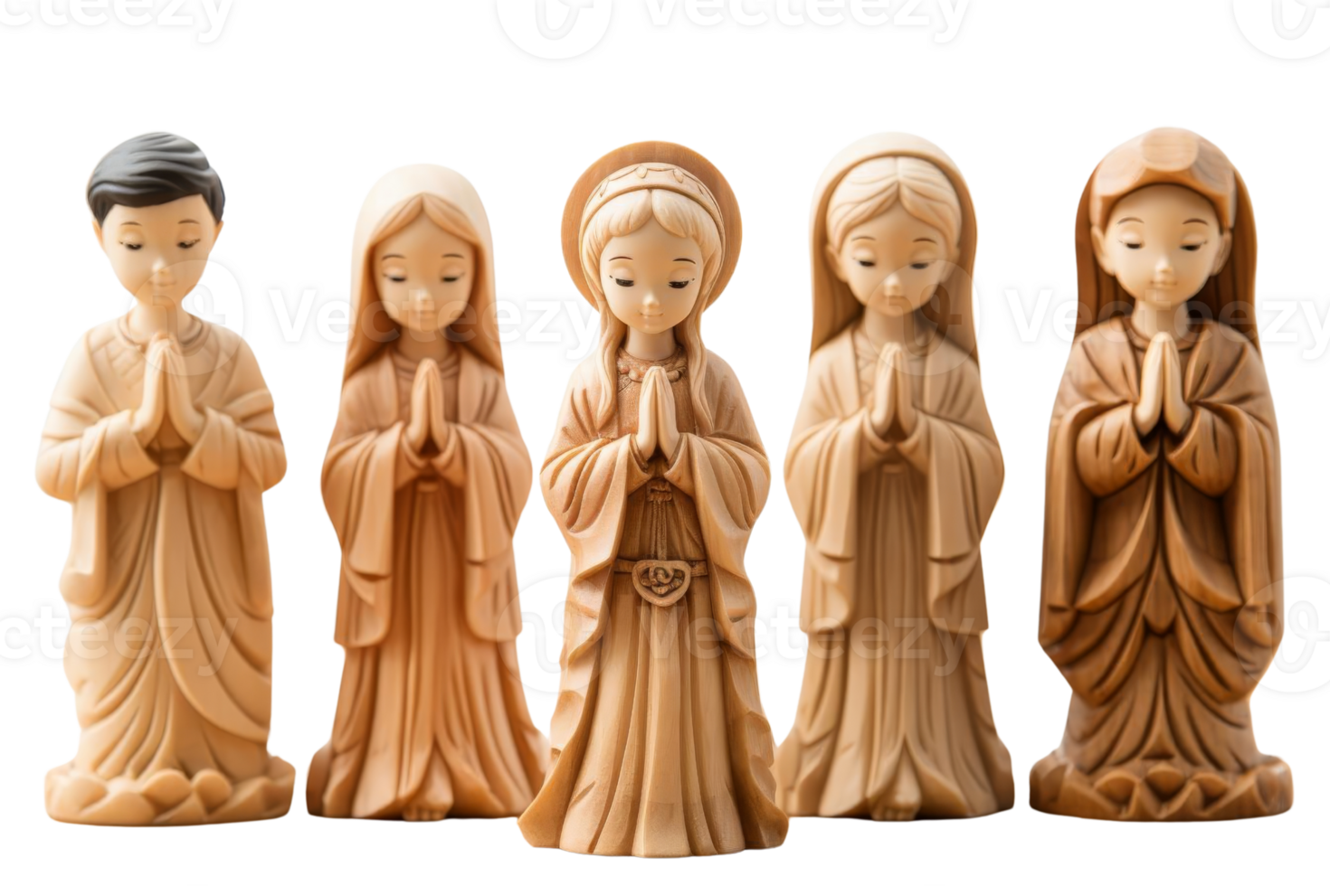 A group of wooden statues of women praying. The statues are arranged in a row, with the first one on the left and the last one on the right. The statues are all similar in size and shape png