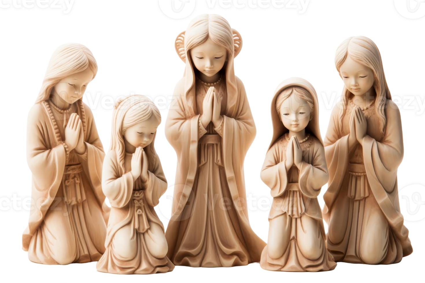 A group of wooden statues of women praying. The statues are arranged in a row, with one on the left, two in the middle, and two on the right. The statues are all the same size and shape png