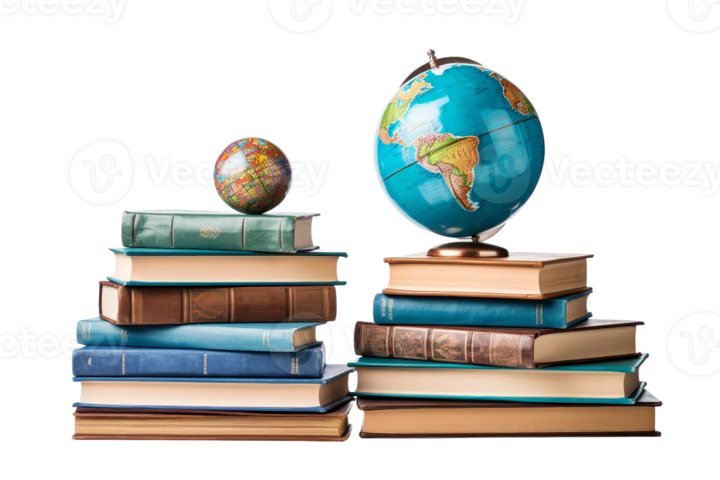 A stack of books with a globe on top. The globe is blue and has a white outline of the world png
