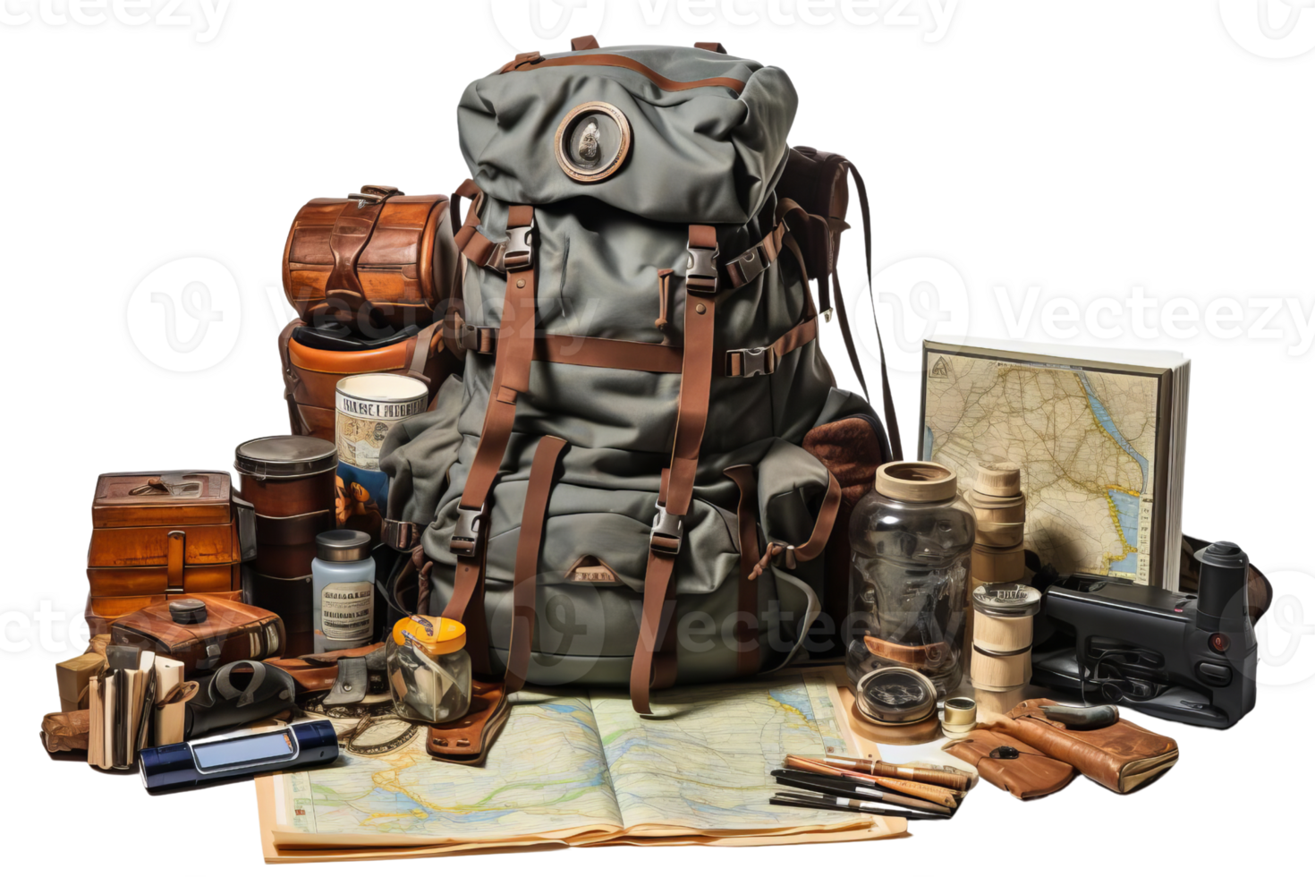 A backpack is filled with various items, including a map, a camera, and a bottle. Concept of adventure and exploration, as the backpacker is likely preparing for a journey or a trip png