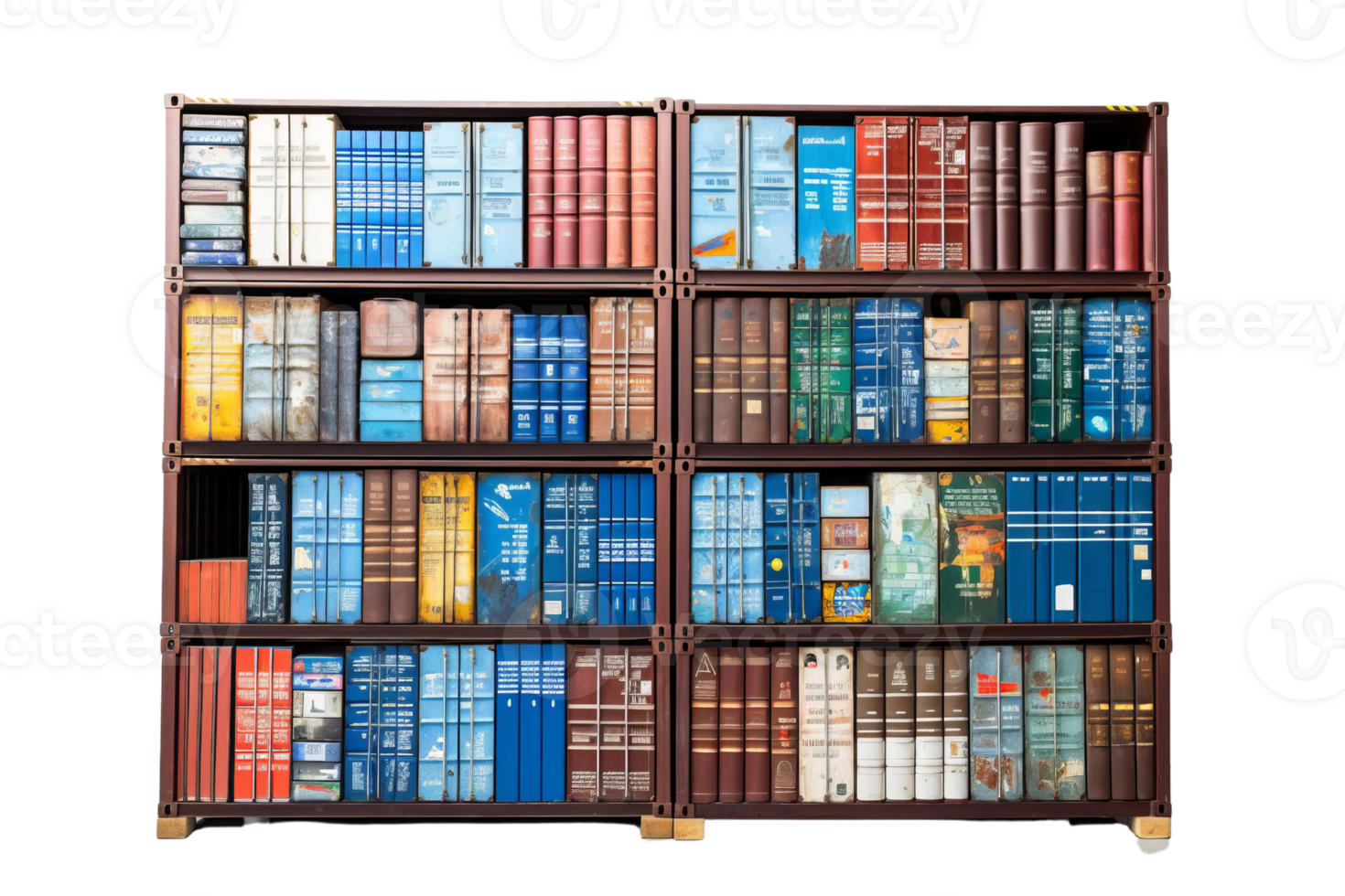 A bookcase filled with books of various sizes and colors. The books are arranged in a way that creates a sense of depth and dimension. Scene is one of curiosity and exploration png