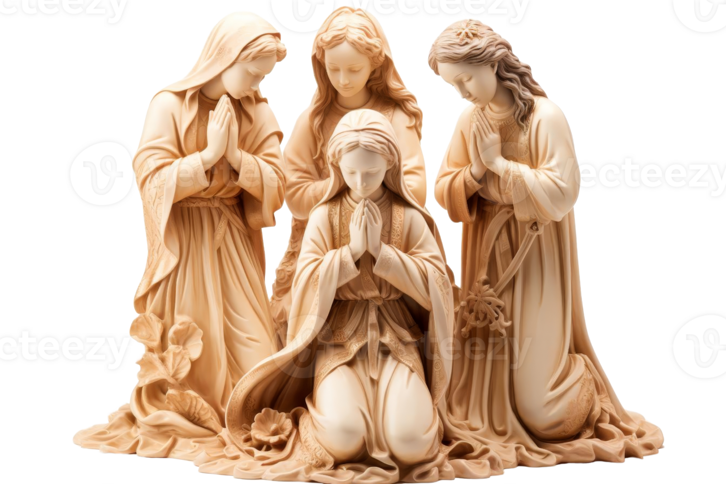 A group of statues of women praying. The statues are of different sizes and are arranged in a row. The statues are made of wood and are placed on a white background png