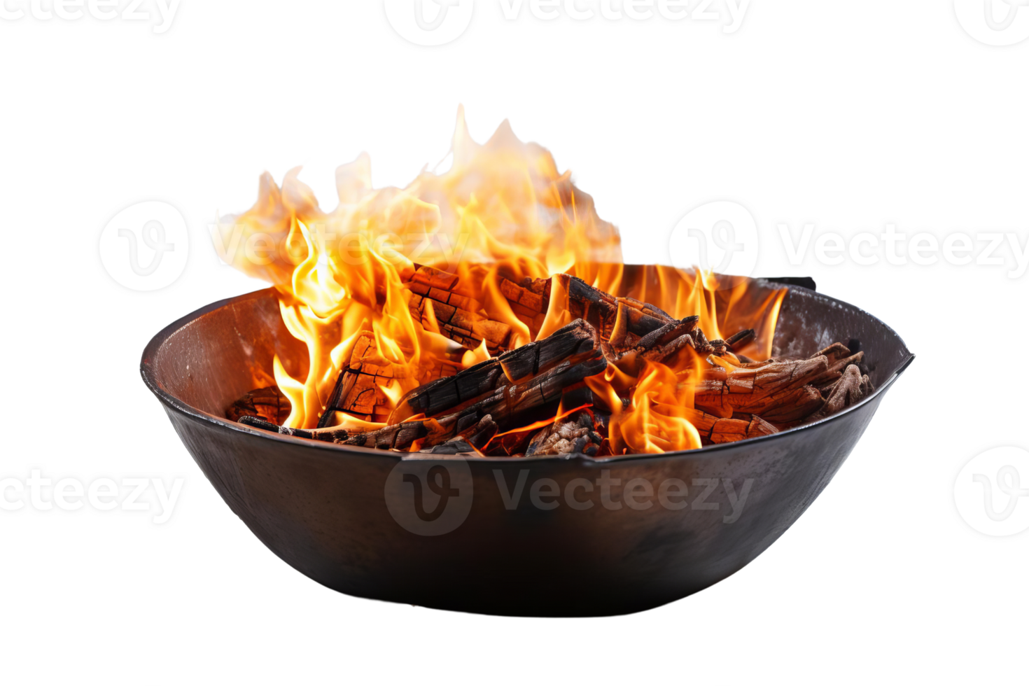 A large bowl of wood is on fire, with the flames reaching up to the top of the bowl. The fire is intense and the wood is burning brightly, creating a warm and inviting atmosphere png