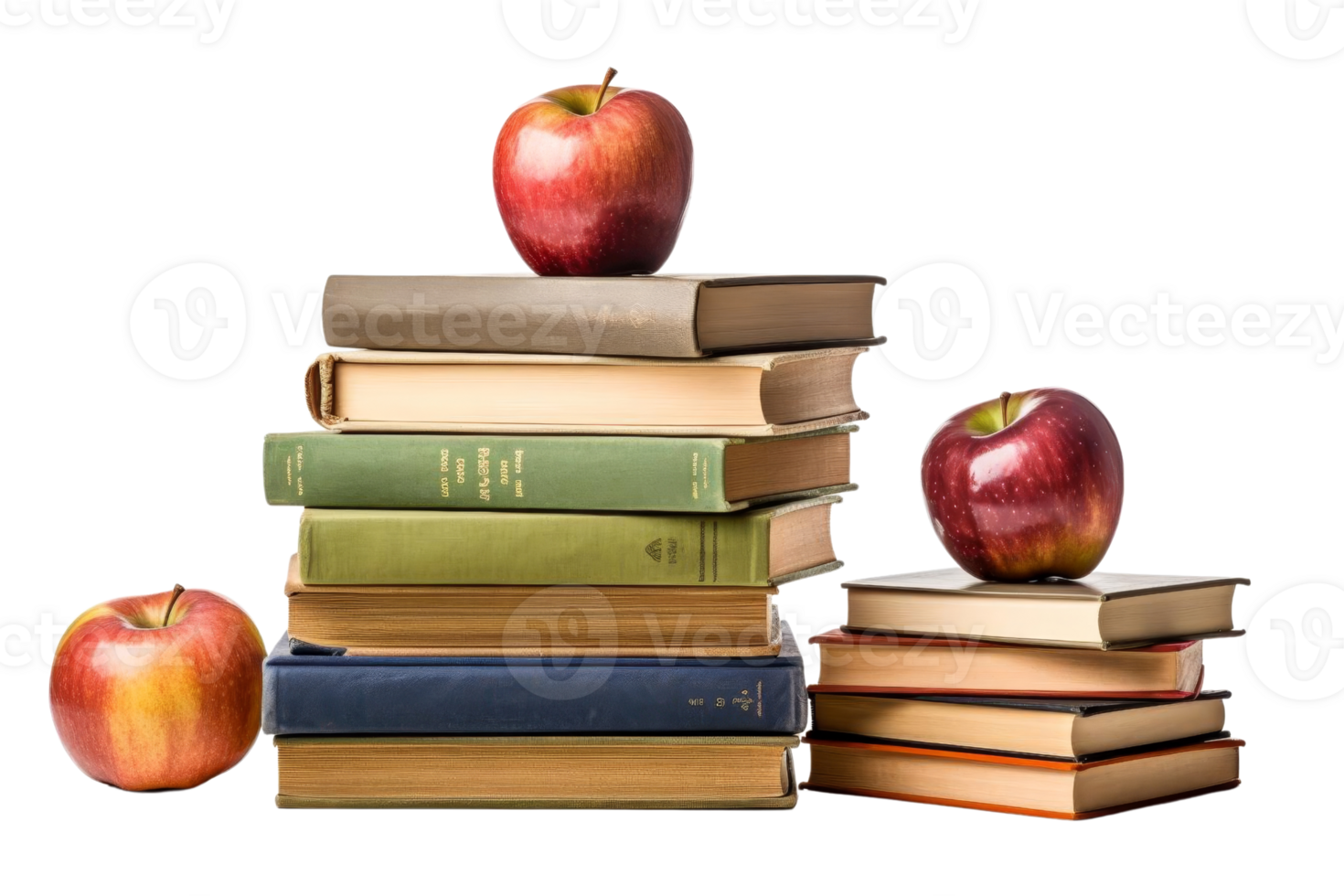 A stack of books with an apple on top. The apple is red and shiny. The books are of different sizes and colors. Concept of knowledge and learning, as the books represent education png