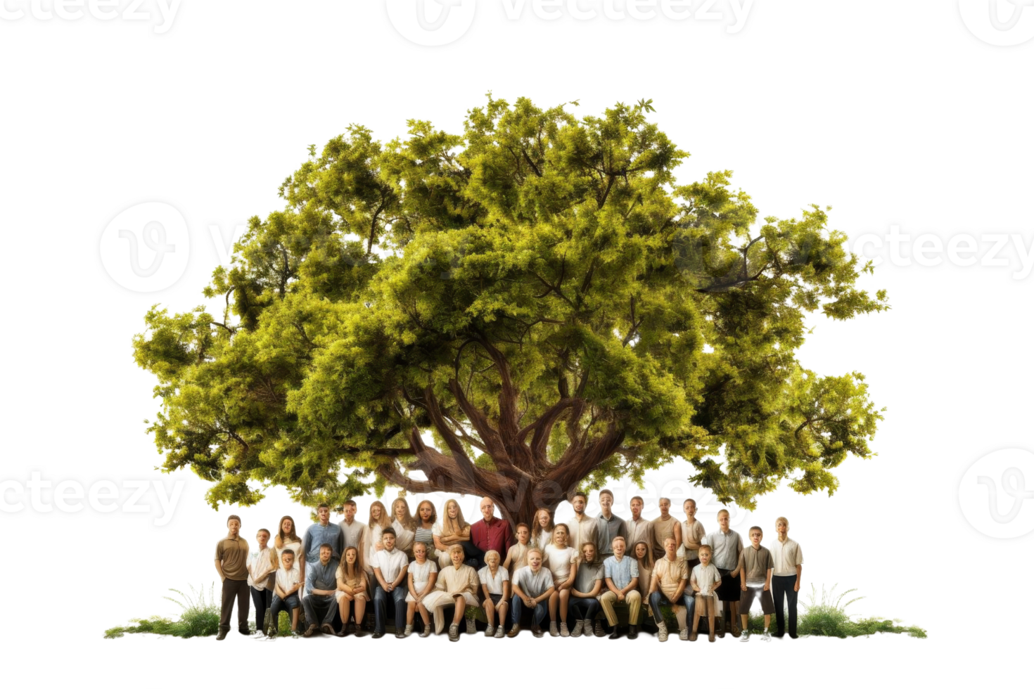 A large tree with a group of people sitting under it. The people are all smiling and seem to be enjoying each other's company. The tree serves as a symbol of unity and togetherness png
