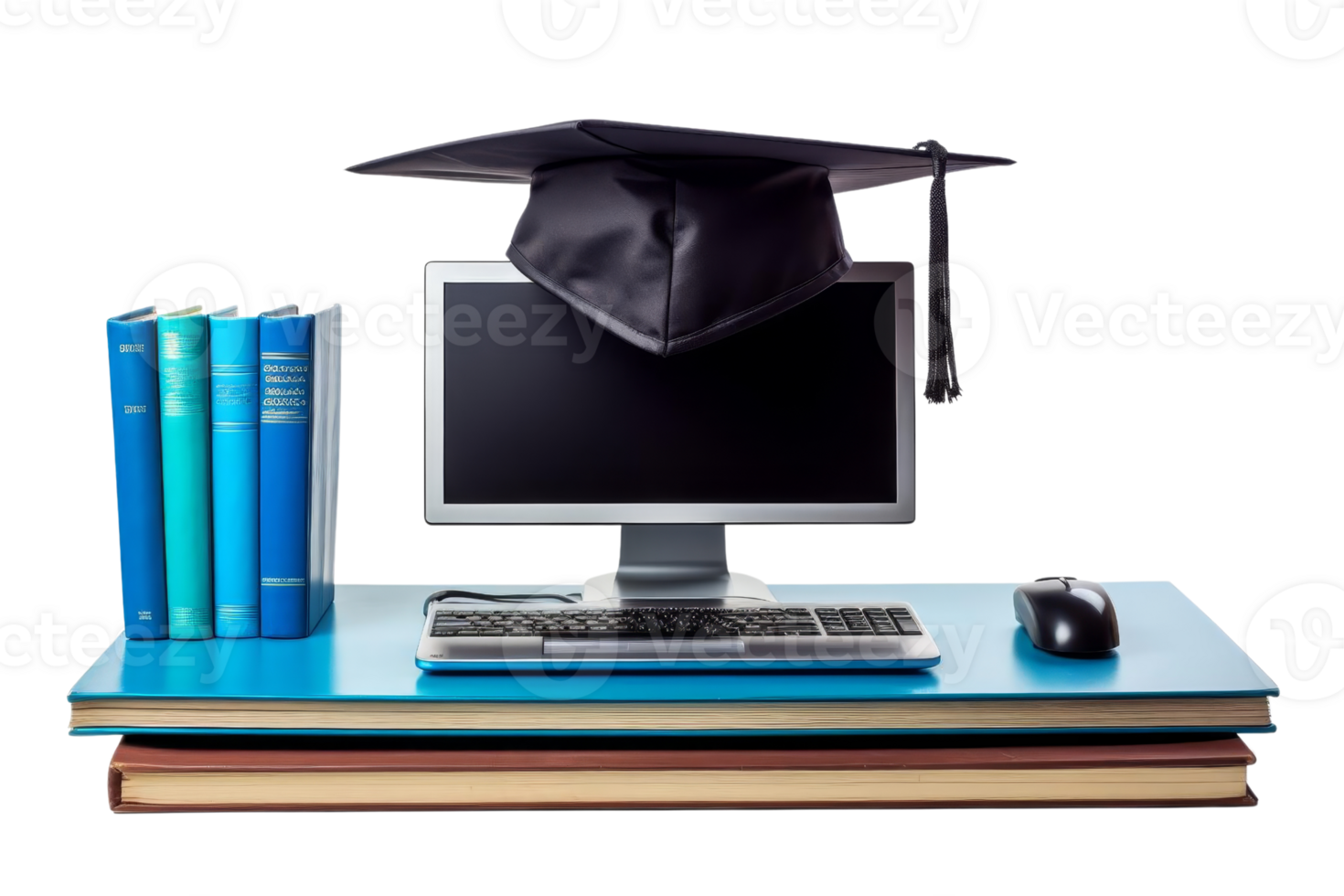 A computer monitor sits on a desk with a black cap on top of it. The desk is covered with books and a mouse. Concept of education and learning, as the computer png