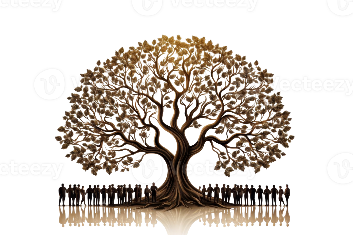 A large tree with many people around it. Concept of community and togetherness png