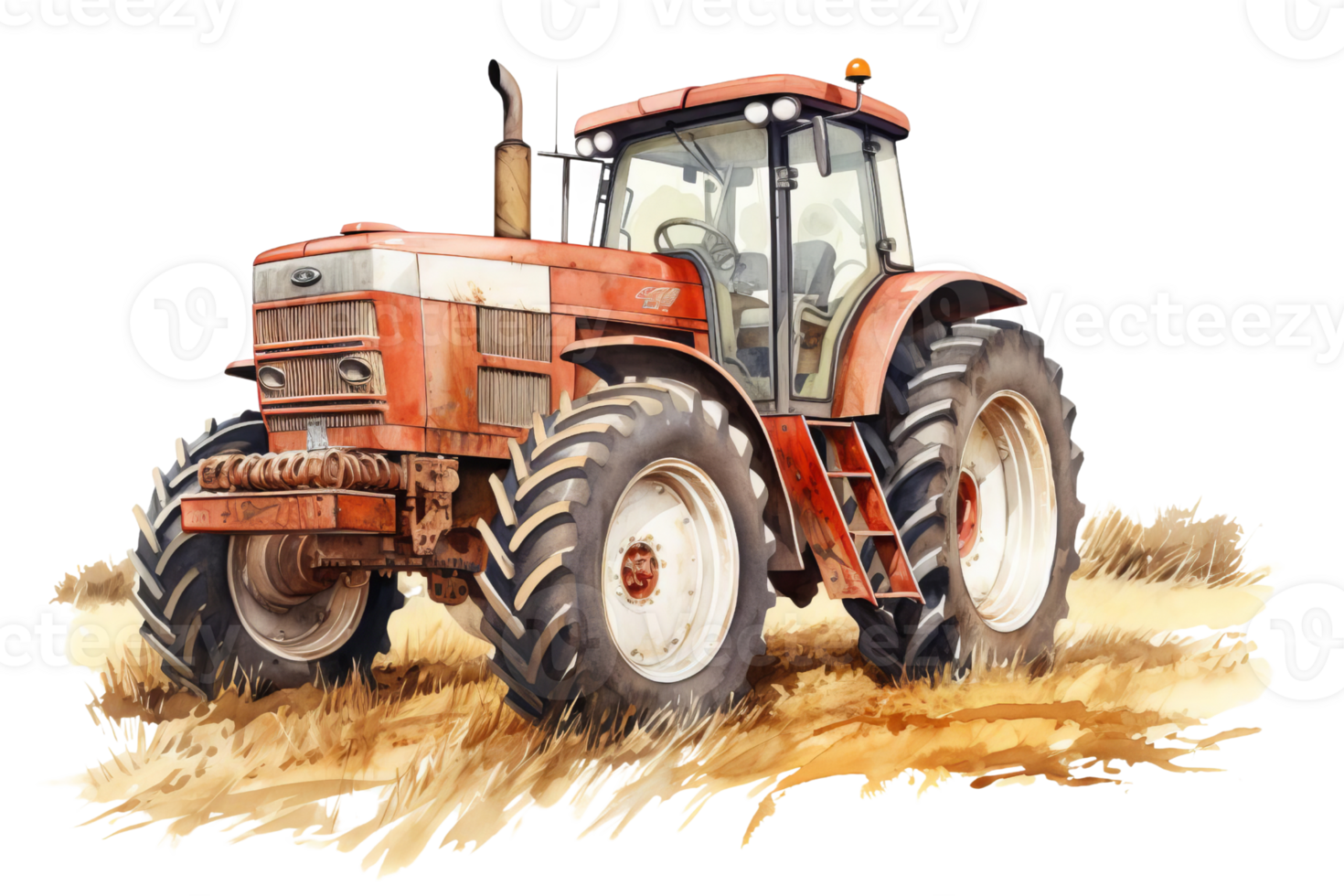 A red tractor is parked in a field. The tractor is old and rusty, and it has a lot of dirt on it png